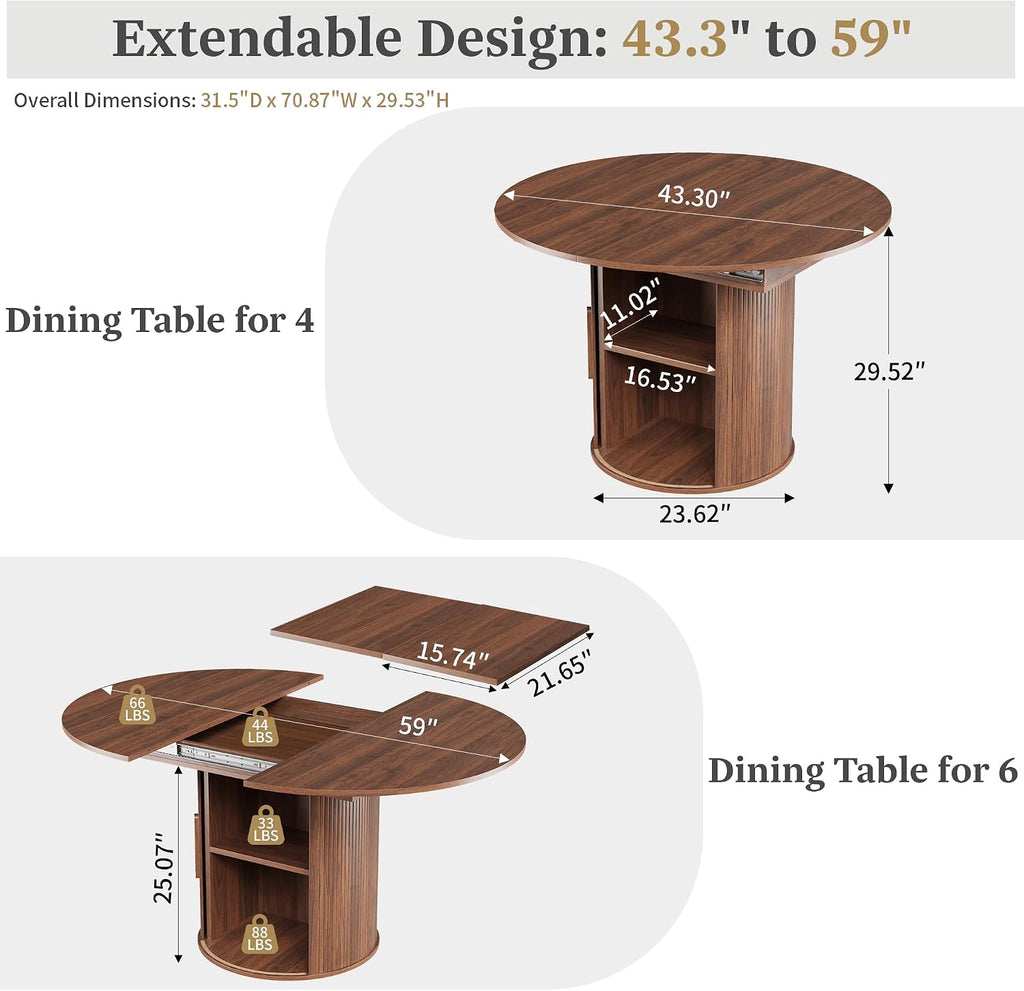 weselon 43'-59' Extendable Round to Oval Dining Table with Hidden Storage, Modern Wooden Kitchen Table with Fluted Sliding Door Cabinet, Expandable Dinner Table for Dining Room Living Room (Walnut)