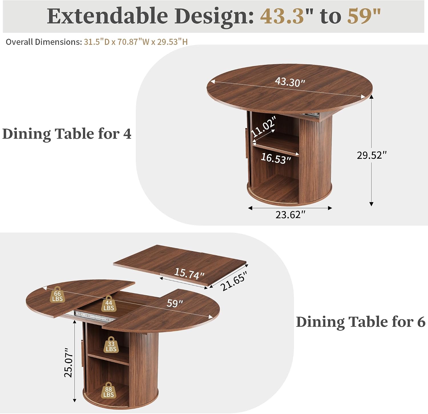 weselon 43'-59' Extendable Round to Oval Dining Table with Hidden Storage, Modern Wooden Kitchen Table with Fluted Sliding Door Cabinet, Expandable Dinner Table for Dining Room Living Room (Walnut)
