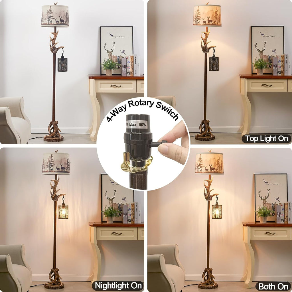 Rustic Deer Antlers Floor Lamps with Forest-Style Nightlight Finish Shade Lamps, Vintage Farmhouse Antlers Floor Lamp for Living Room Bedroom Office Study House (Bulbs Included)