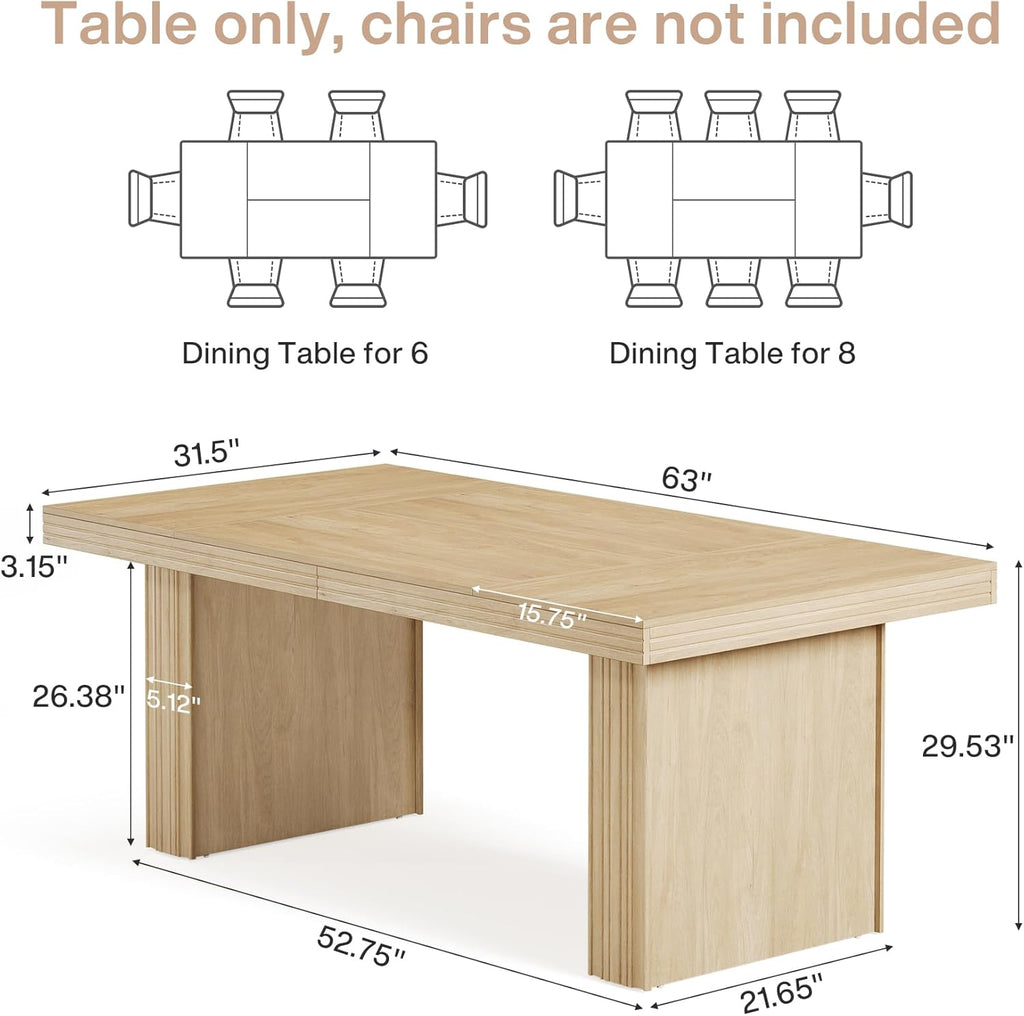 Tribesigns 63 Inches Farmhouse Dining Table for 6, Modern Kitchen Table with Fluted Line for Dining Room, Living Room, Natural