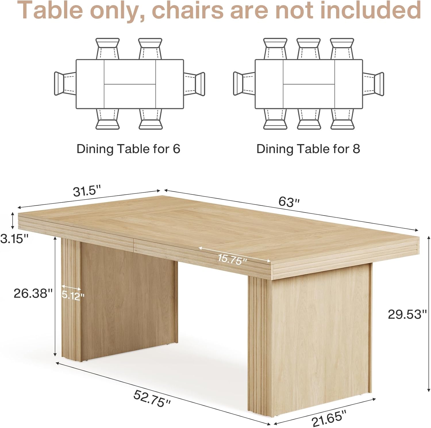 Tribesigns 63 Inches Farmhouse Dining Table for 6, Modern Kitchen Table with Fluted Line for Dining Room, Living Room, Natural
