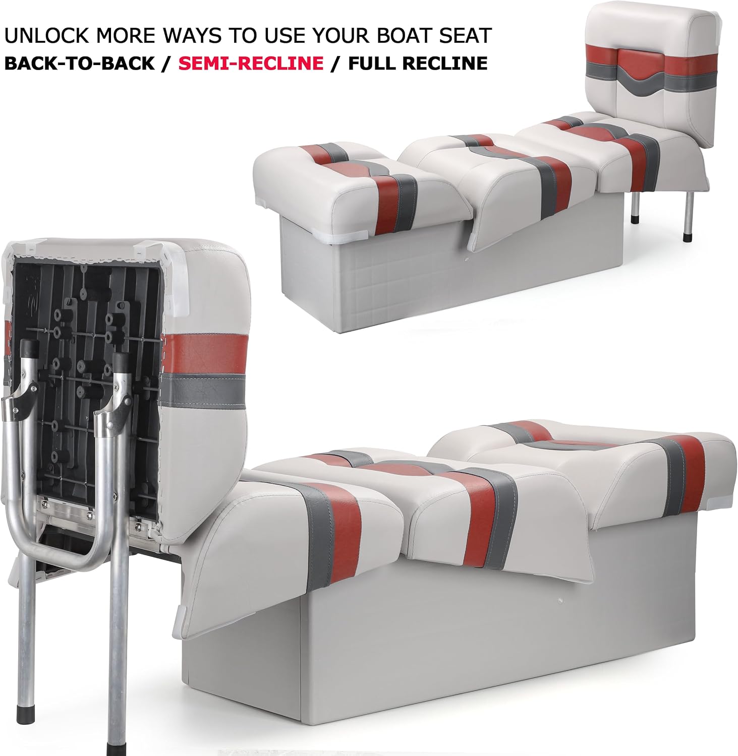 Back to Back Boat Seat, NORTHCAPTAIN 3-in-1 Convertible Lounge Chair Folding L-Shape Deck Seat with Marine-Grade Vinyl for Fishing Boat Bass Boat Jon Boat, Light Grey/Charcoal/Wine Red