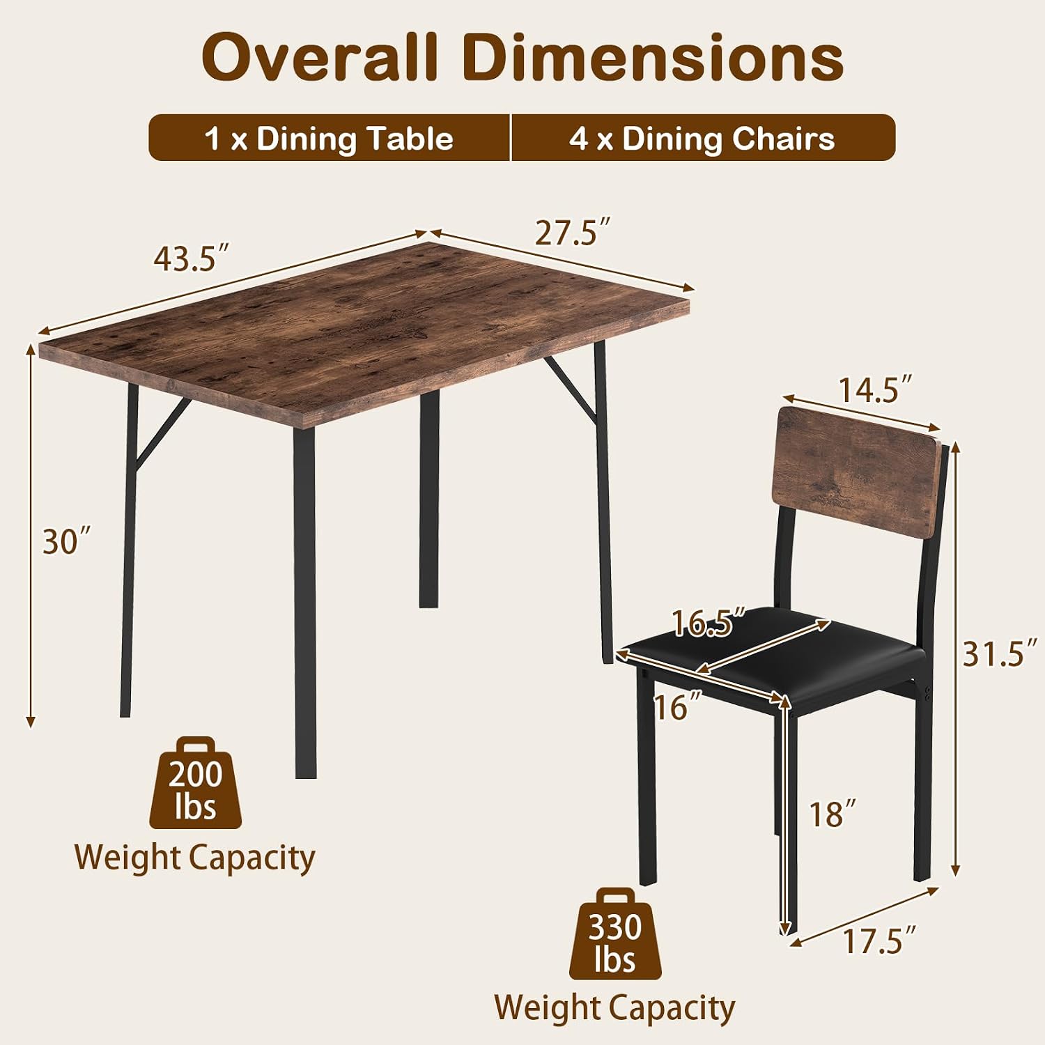 Giantex 5-Piece Dining Table Set for 4, Industrial Kitchen Table and 4 PU Leather Upholstered Chairs with Metal Leg, Padded Seat, Space-Saving Dinette Set for Small Space Apartment Breakfast Nook