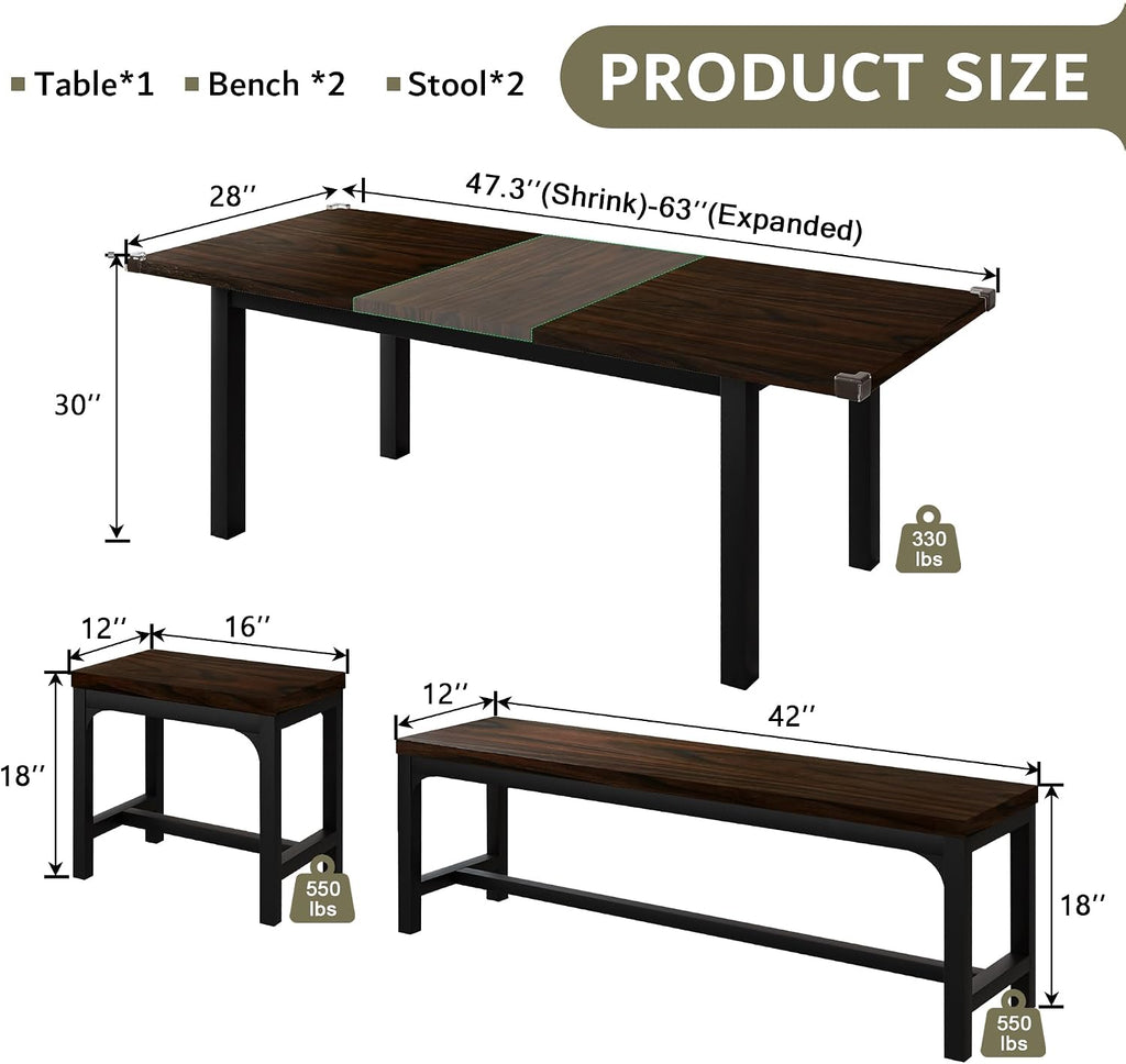 iPormis 5-Piece Dining Table Set for 4-8 People, Extendable Kitchen Table Set with 2 Benches and 2 Square Stools, Mid-Century Dining Room Table with Metal Frame & MDF Board, Saving Space, Espresso