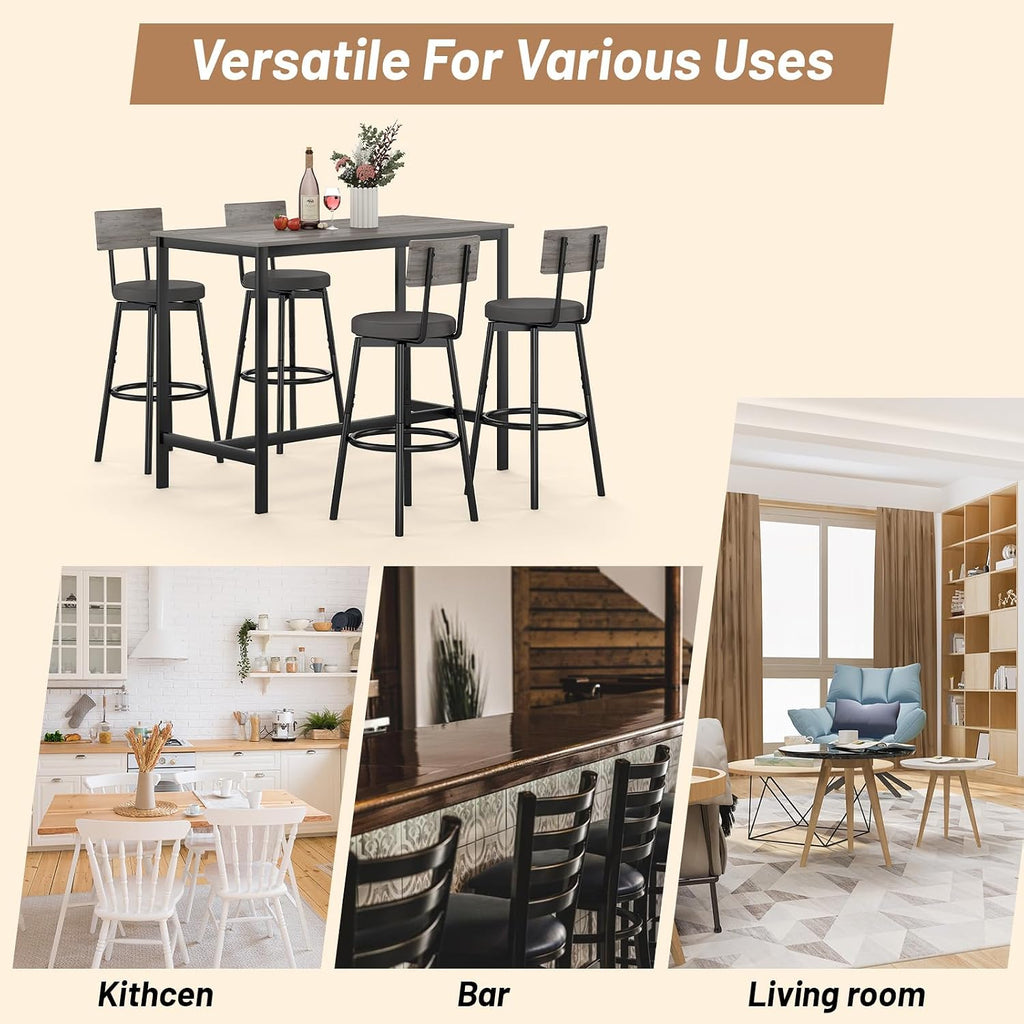 Zevemomo Dining Table Set for 4, 5-Piece Bar Table Set, Kitchen Table and Chairs, Counter Height High Top Table with 4 PU Upholstered Stools, Space-Saving Pub Table Sets for Small Space, Gray