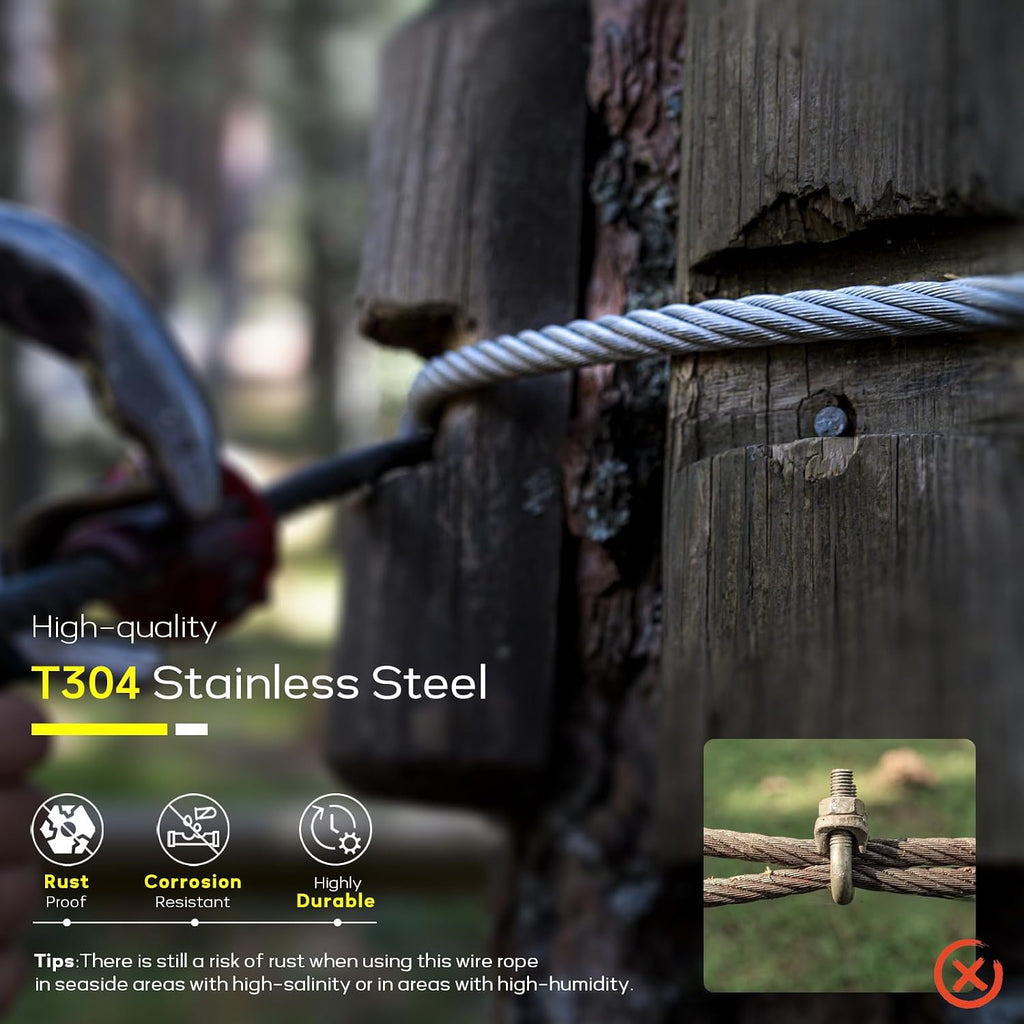 1/4' Stainless Steel Cable, 350FT Wire Rope Aircraft Cable with Cable Clamps and Thimbles for Backyard Zipline, String Lights and Deck Railing, 6x37 Strands Construction