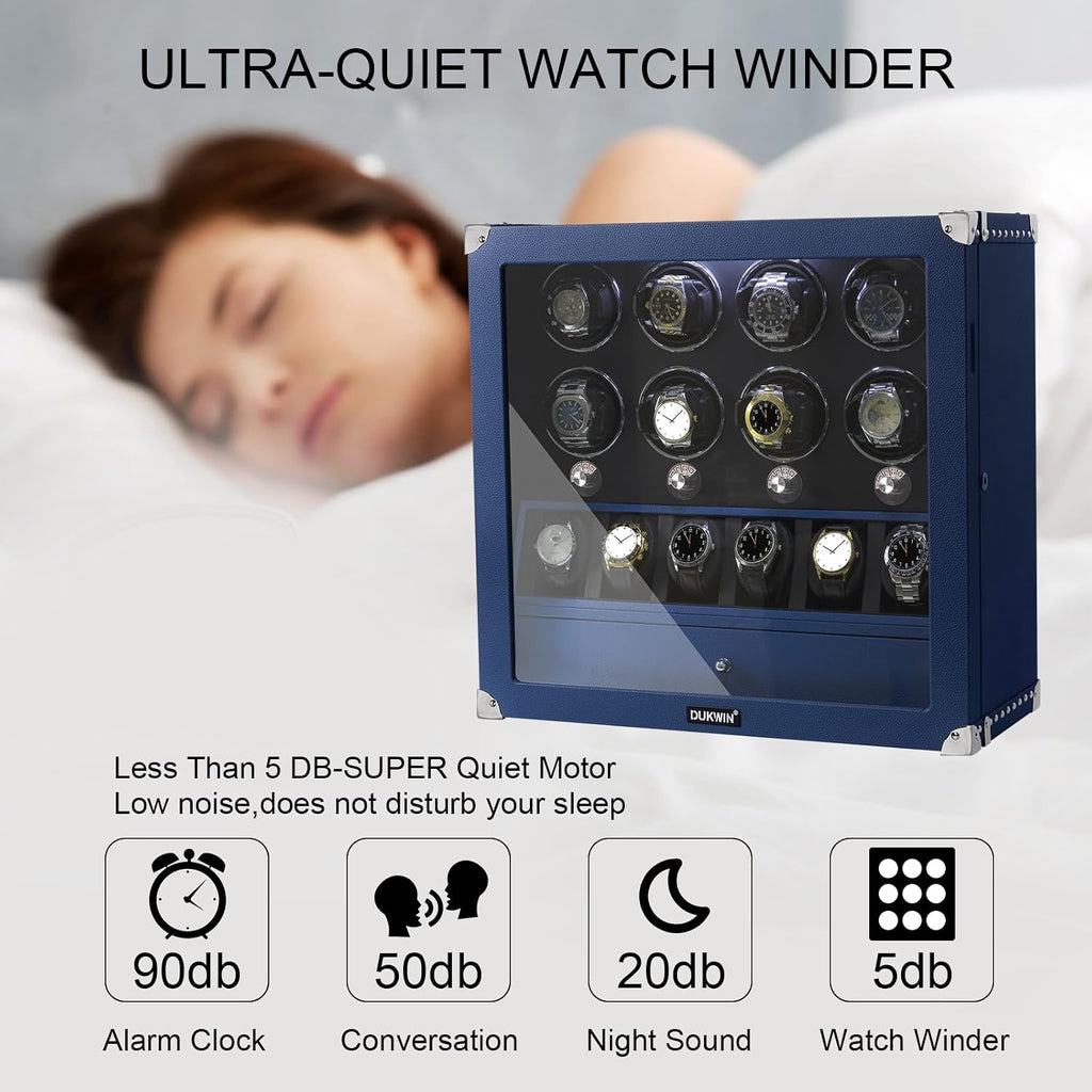 DUKWIN Watch Winder for 4/6/8 Automatic Watches, Lockable Winders with Watch Holders and Jewelry Storage, Super Quiet Motor with High-Gloss Finish, Built-in Illumination
