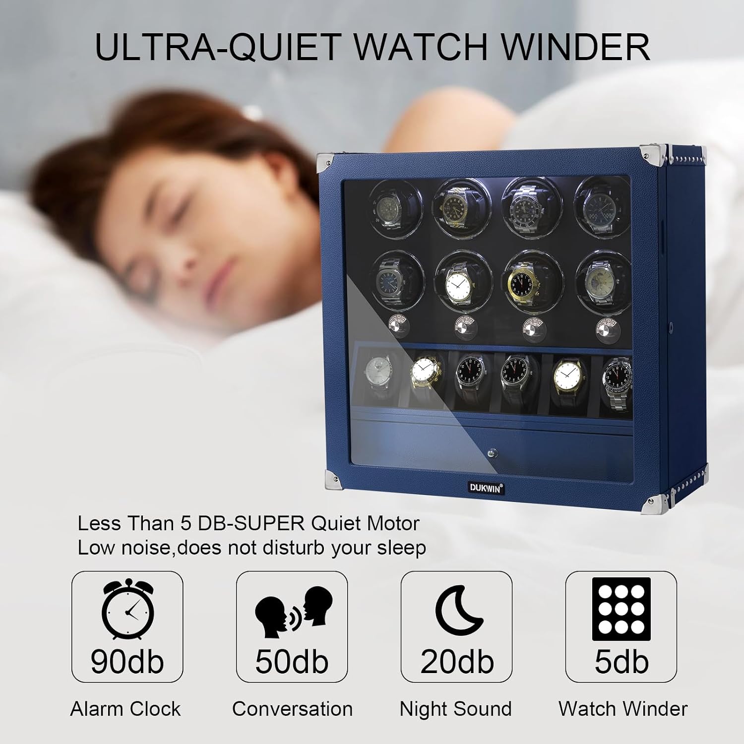 DUKWIN Watch Winder for 4/6/8 Automatic Watches, Lockable Winders with Watch Holders and Jewelry Storage, Super Quiet Motor with High-Gloss Finish, Built-in Illumination