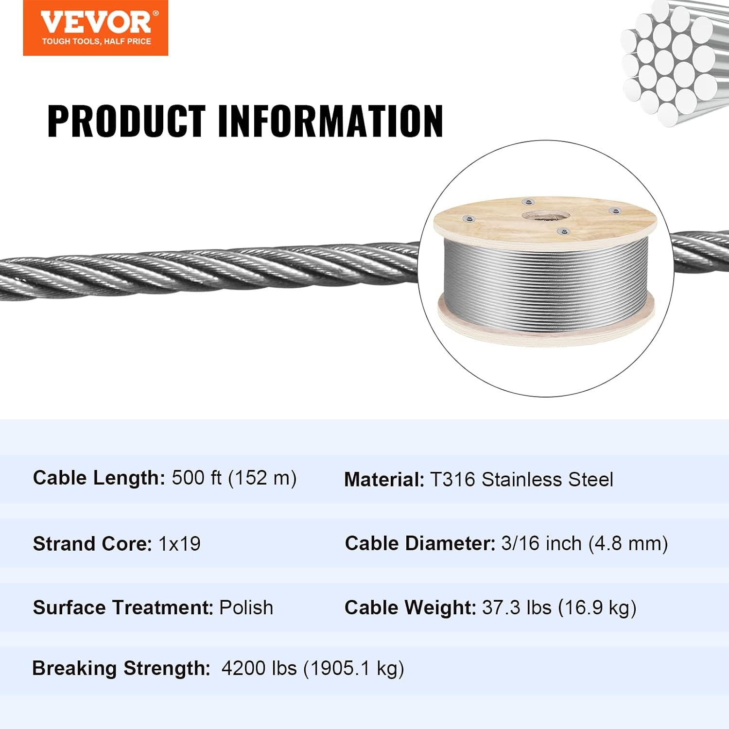 VEVOR 3/16 Stainless Steel Wire Rope 500ft, T316 Steel Wire Cable, Deck Railing 1x19 Strands Construction, 4200LBS Breaking Strength for Stair Handrail Clothesline
