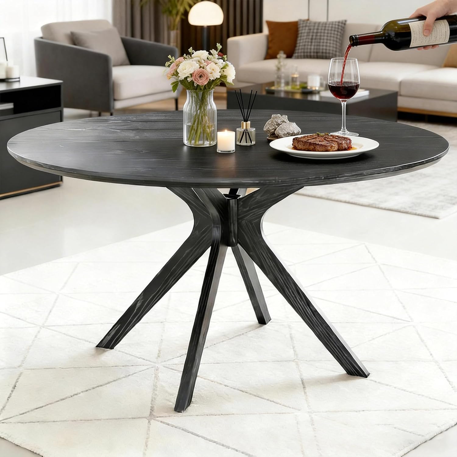 Bellemave Round Dining Table for 4-6, Solid Wood 47' Kitchen Table with Intersecting Pedestal Base, for Kitchen, Dining Room, Living Room (Black)