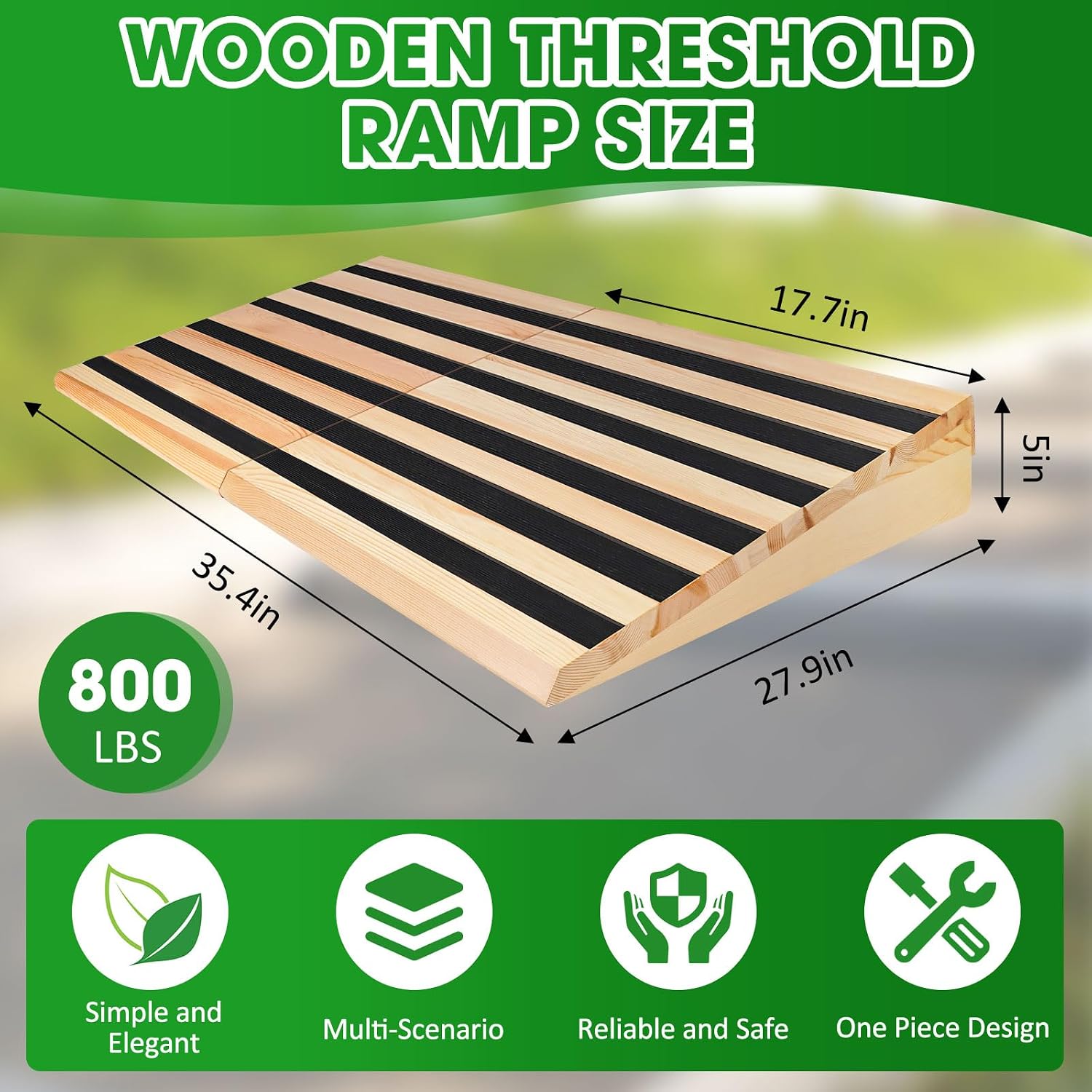 Wooden Threshold Ramp for Home Steps, 5' Rise Doorway Ramp for Wheelchair/Walker/Cart/Scooter, Multipurpose Door Ramp with Non-Slip Stripes(35.4' W*5.0' H, Solid Wood, 800LBs Capacity)