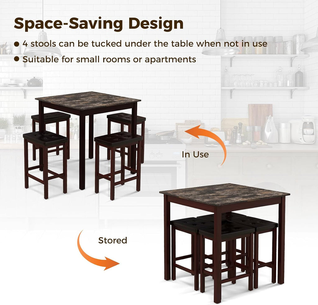 Giantex Dining Table Set for 4, Kitchen Table Chairs Set of 4, Counter Height Dining Table Set with 4 Bar Stools, Space-Saving Dinette Table Set for Small Place, Breakfast Nook Table Set (Brown)
