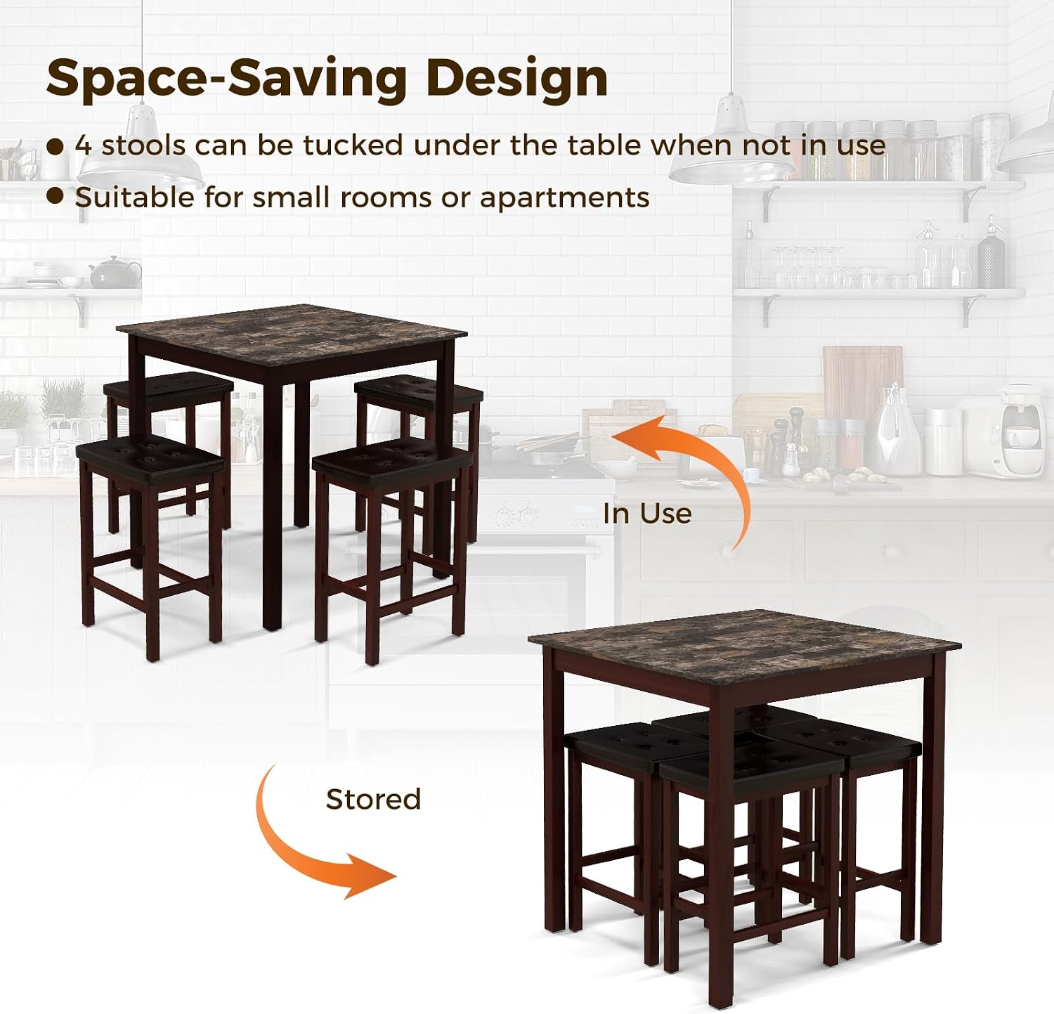 Giantex Dining Table Set for 4, Kitchen Table Chairs Set of 4, Counter Height Dining Table Set with 4 Bar Stools, Space-Saving Dinette Table Set for Small Place, Breakfast Nook Table Set (Brown)