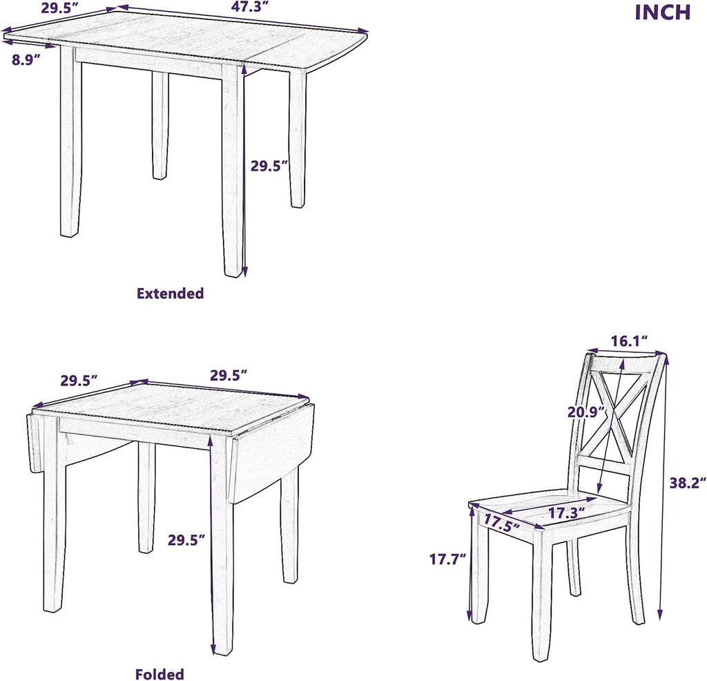 Harper & Bright Designs 3-Piece Wood Drop Leaf Dining Table Set with 2 X-Back Chairs, Space-Saving Breakfast Nook Dining Set, Brown
