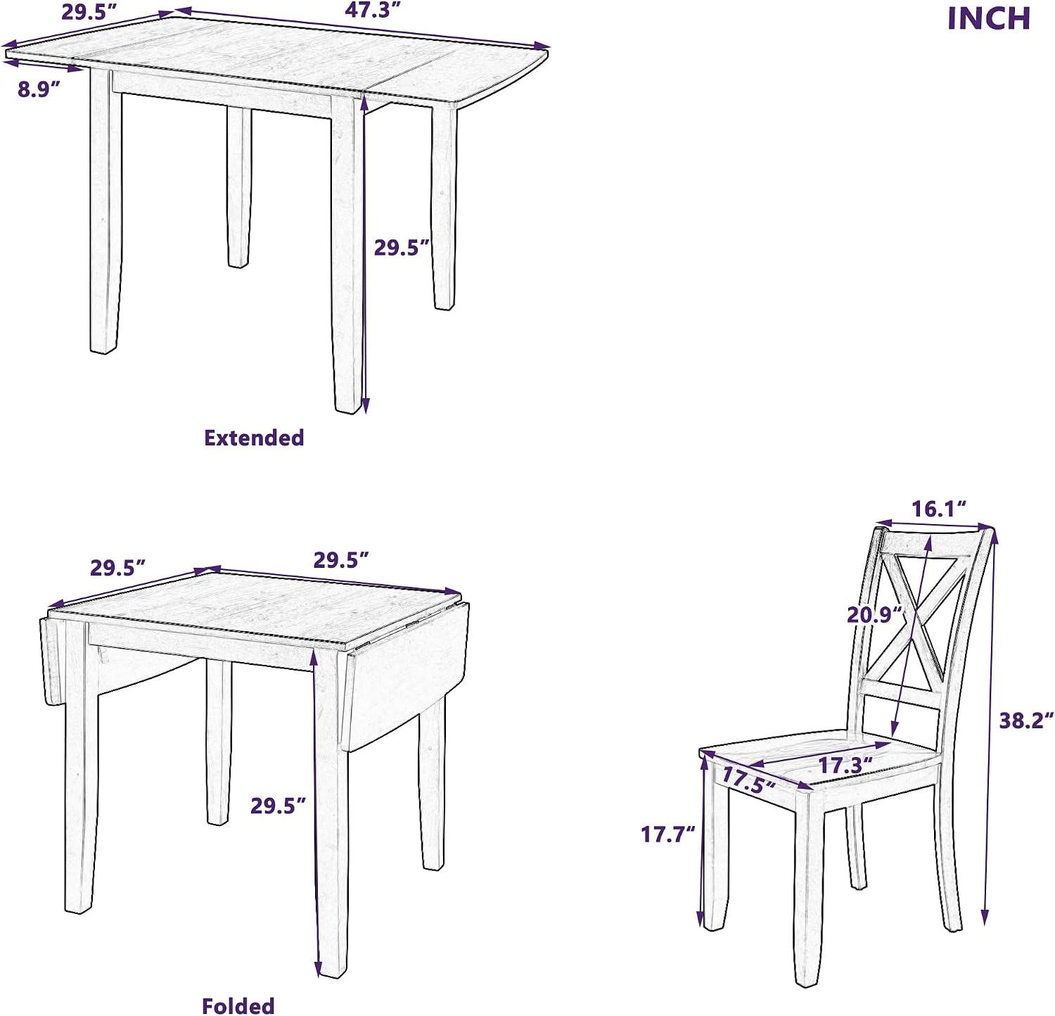 Harper & Bright Designs 3-Piece Wood Drop Leaf Dining Table Set with 2 X-Back Chairs, Space-Saving Breakfast Nook Dining Set, Brown