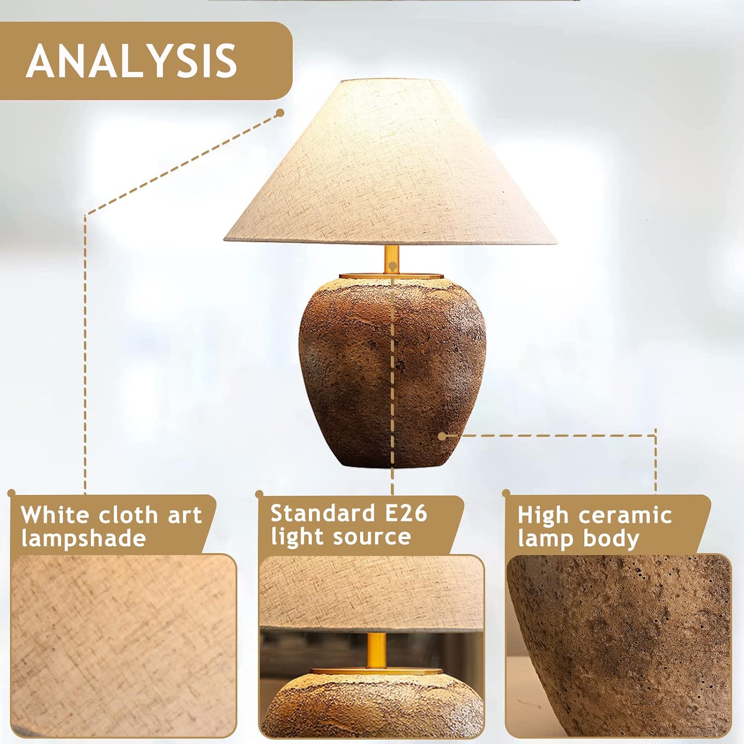 DJAMEL Rustic Farmhouse Clay Pot Lamps 19.6' Tall Ceramic Table Lamp Simple Textured Brown Ceramic Lamp Body with White Textured Shade Bedside Nightstand Lamp for Living Room Bedroom Office