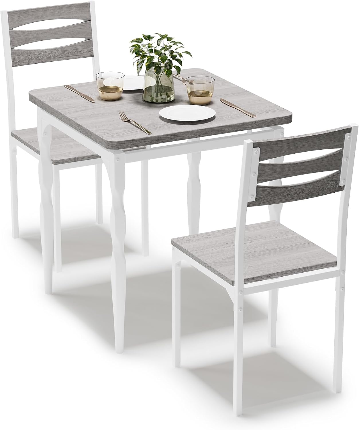 GarveeHome Dining Table Set for 2, Dining Table and Chairs Set of 2, 3 Piece Dining Table Set with Spiral Table Legs for Small Spaces Kitchen Apartment, Wash Grey
