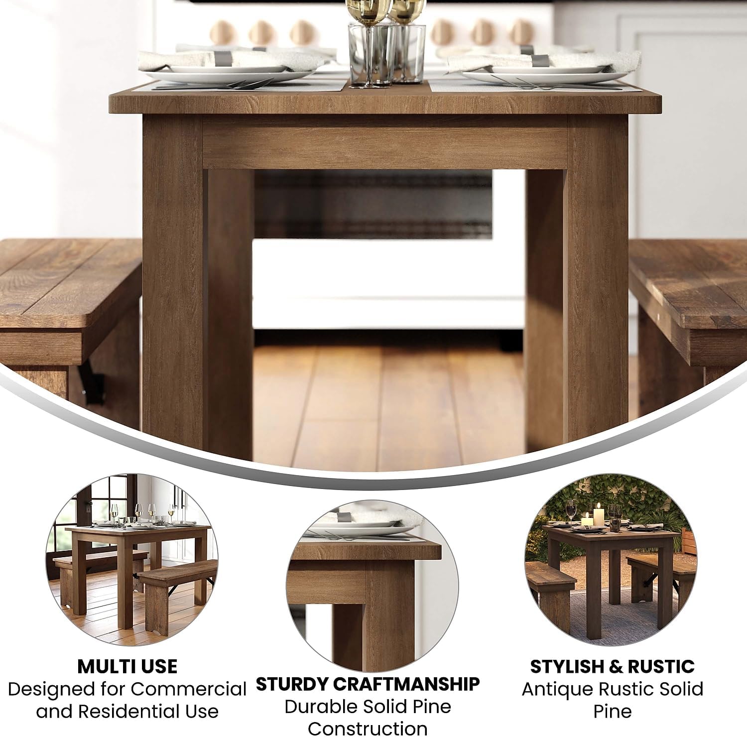 Flash Furniture HERCULES 46' x 30' Rectangular Antique Rustic Solid Pine Farm Dining Table