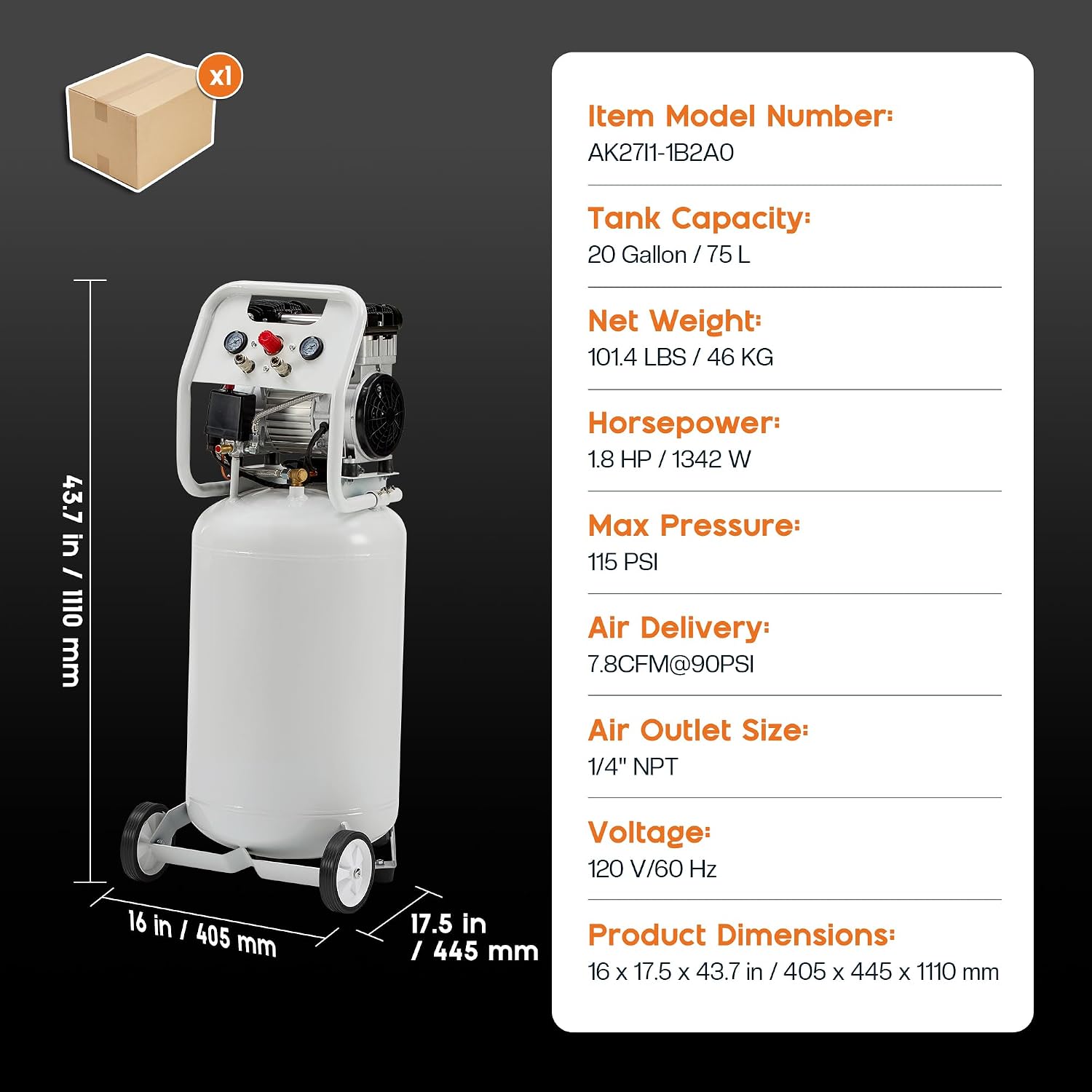 Albott 20 Gallon Electric Air Compressor, 1.8 HP Vertical Wheeled Tank | Oil-Free Air Compressor with Copper Motor 120 PSI Max Garage Air Supply Pneumatic Tool Tire Inflation Use