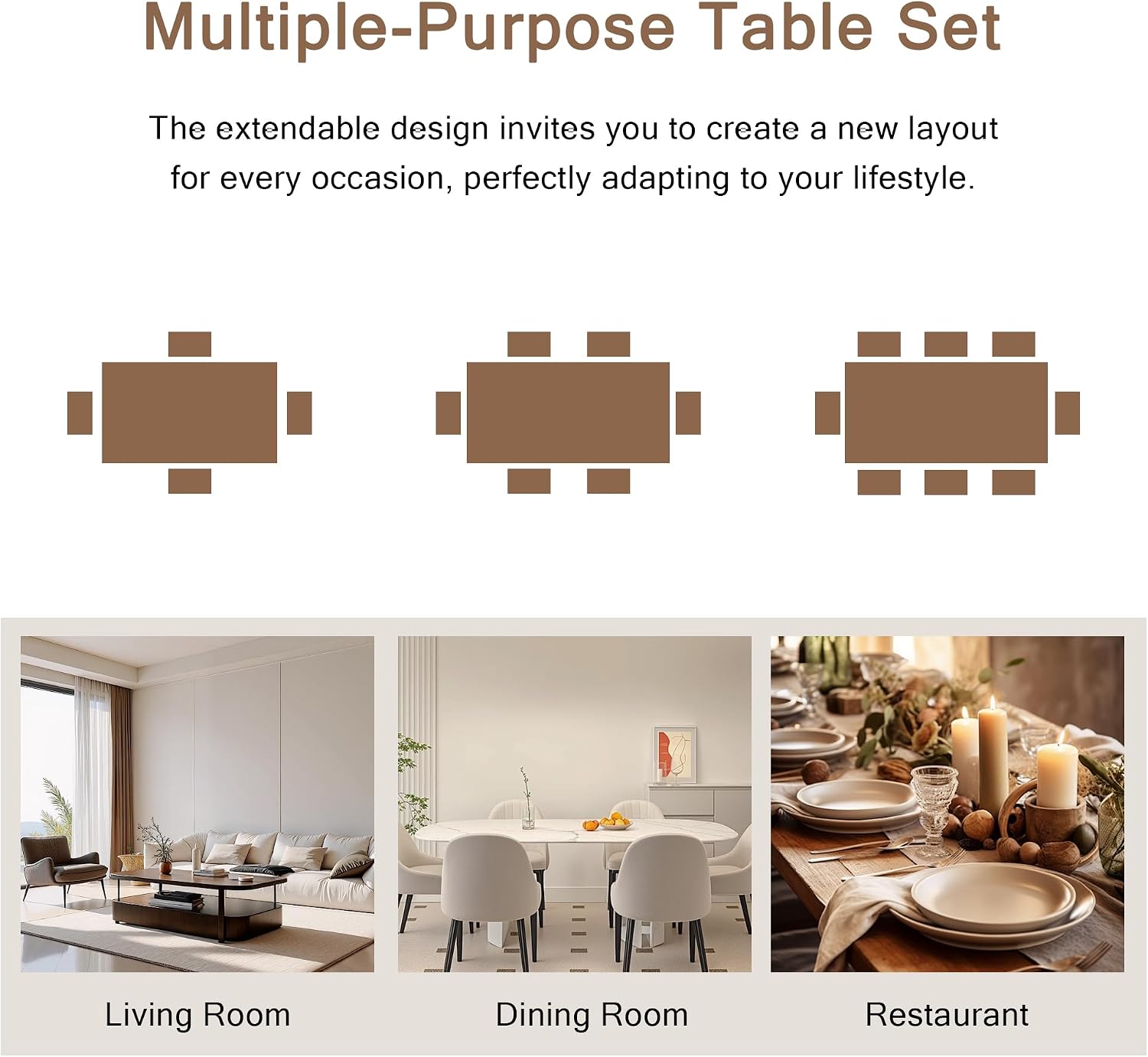 Einhomn 7-Piece Dining Table Set, 63' Extendable Kitchen Room Table with 6 Stools, Mid Century Modern Dinner Table with Metal Frame & MDF Board, Space-Saving, Easy Assembly, Espresso
