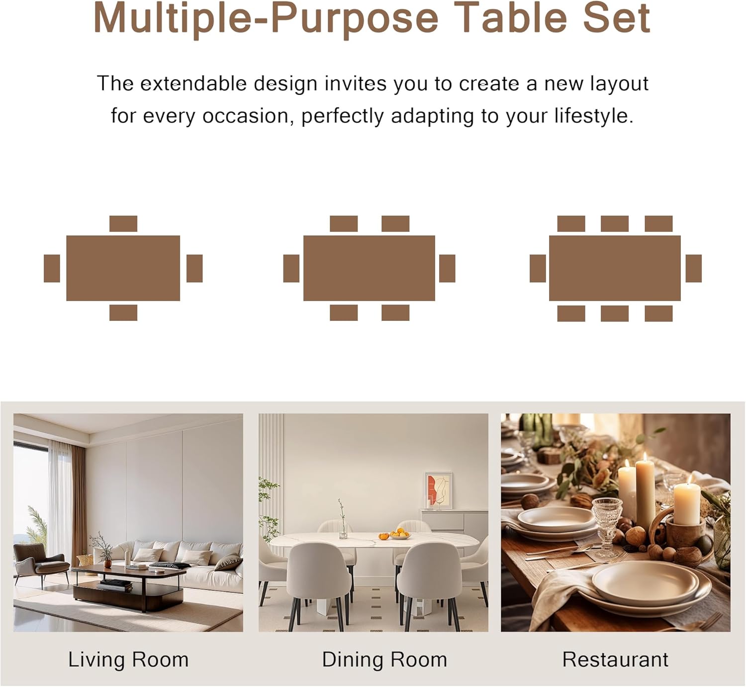 Einhomn 7-Piece Dining Table Set, 63' Extendable Kitchen Room Table with 6 Stools, Mid Century Modern Dinner Table with Metal Frame & MDF Board, Space-Saving, Easy Assembly, Walnut