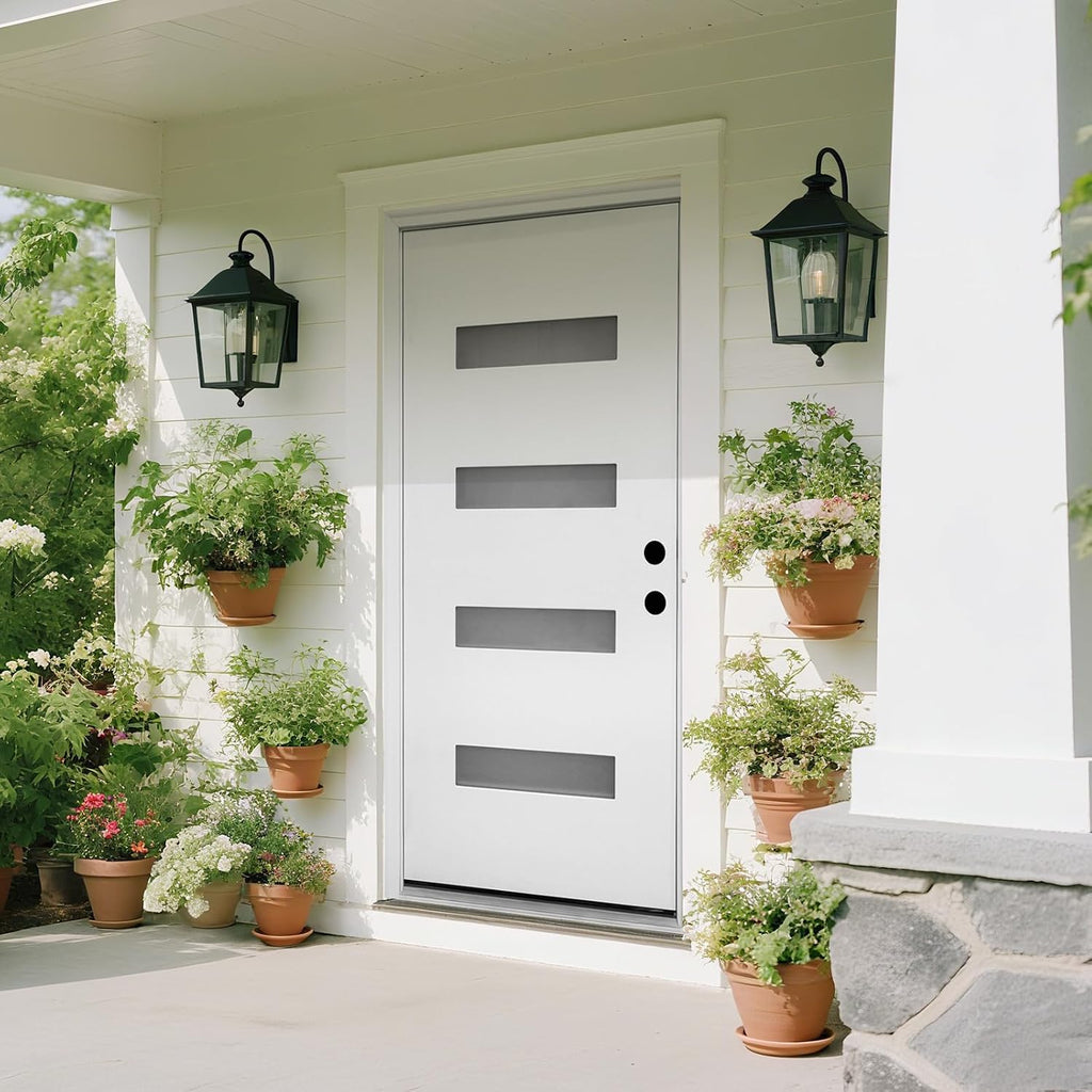 Fiberglass Front Entry Door, 36' x 80' White Knock-Down Door with 4-Lite Frosted Glass, 4-9/16' White Vinyl Frame & Left-Hand Inswing, Modern Style for Residential Exterior Use