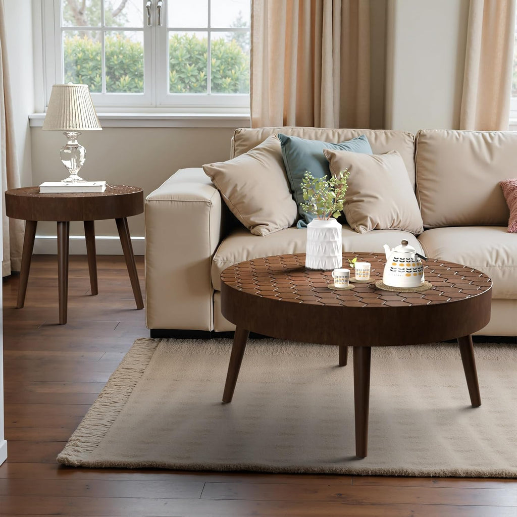 SUNBURY Coffee Table Set, Morden Round Coffee Table Set of 2, 18' Farmhouse Living Room Nesting Tables, Livingroom Table Set
