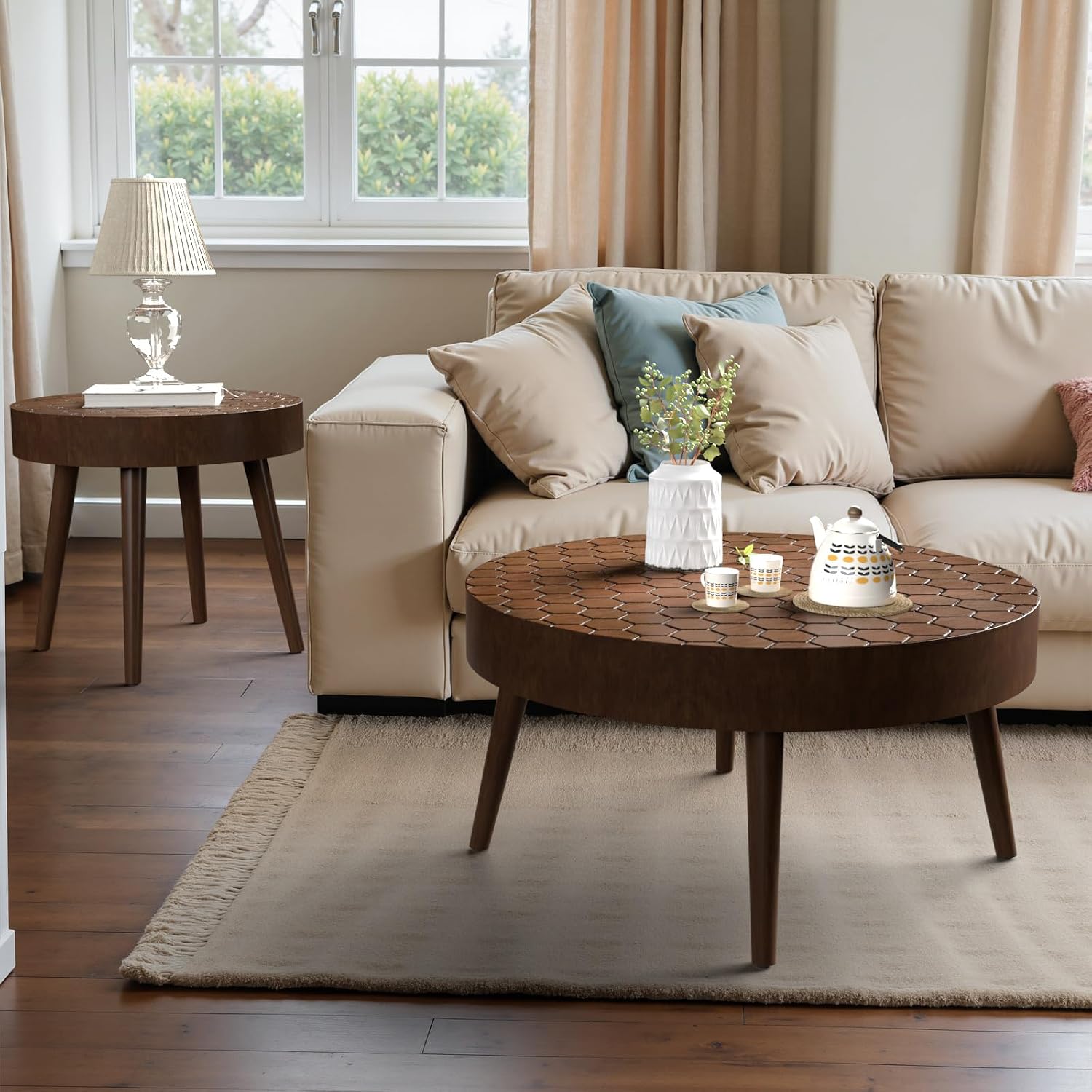 SUNBURY Coffee Table Set, Morden Round Coffee Table Set of 2, 18' Farmhouse Living Room Nesting Tables, Livingroom Table Set