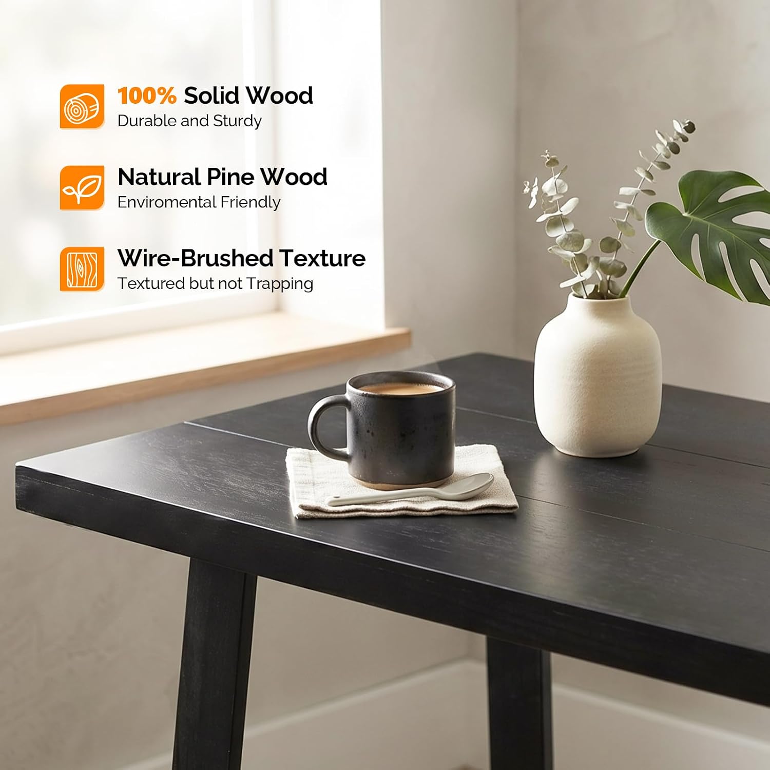 VINGLI 48 Inch Farmhouse Dining Table for 4-6, Solid Pine Wood Table with 4 Corner Protectors, Rectangular Dining Table for Kitchen, Dining Room, Small Apartment, Studio, Family Dinner, Black