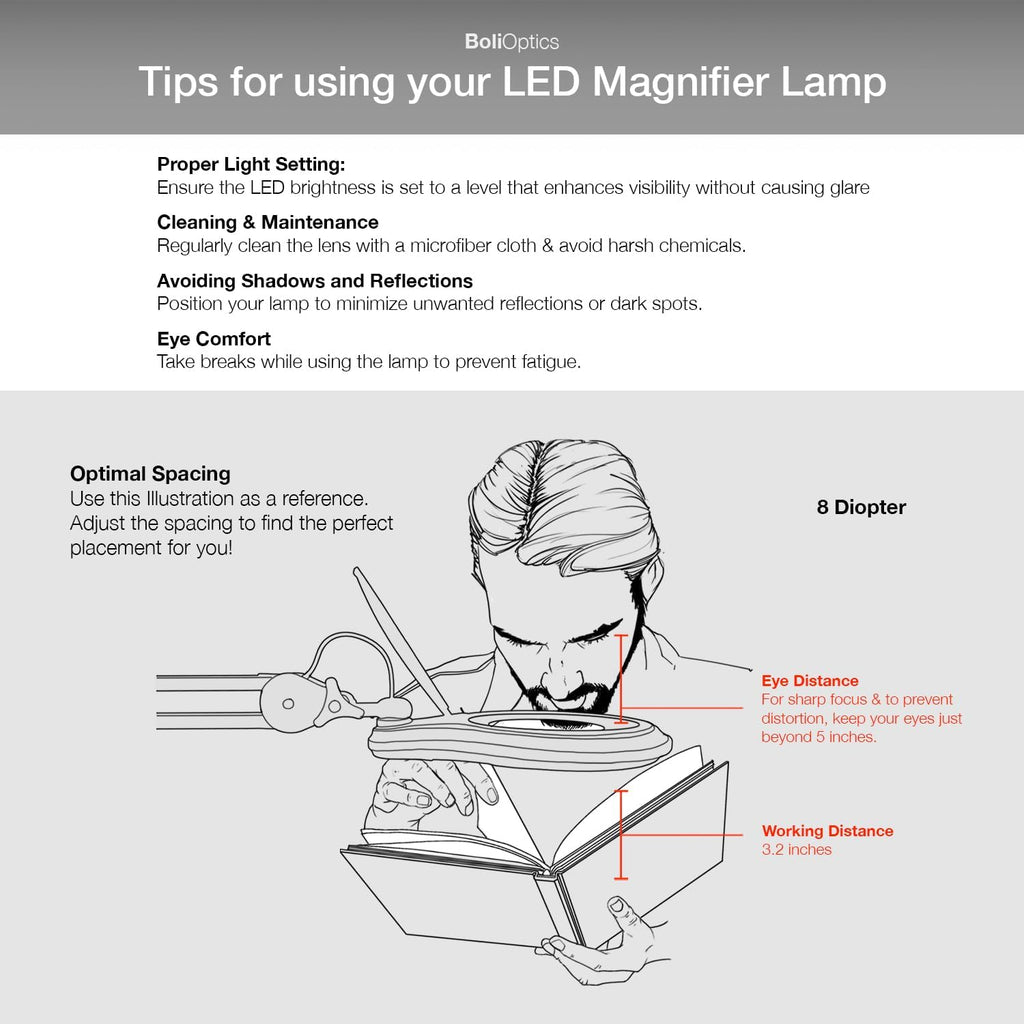 (Glass Lens) Professional LED Magnifying Lamp with Clamp, Dimmable, 1200 Lumens, 5600K-6000K Daylight Bright 60 SMD LED, Work Light Mounting Bracket Clamp (8 Diopter) BoliOptics MG16303321