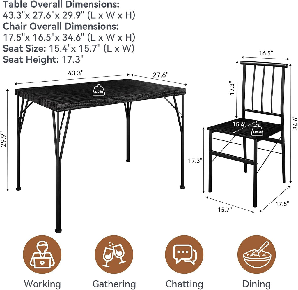 Dining Table Set for 4 with 1.6' Thick Tabletop, 5-Piece Kitchen Table Set, Space-Saving Rectangular Dining Room Kitchen Table Chair Set for Small Space,Dinette,Apartment,Rustic Black