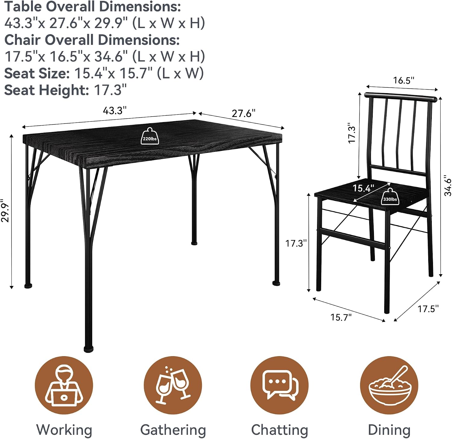 Dining Table Set for 4 with 1.6' Thick Tabletop, 5-Piece Kitchen Table Set, Space-Saving Rectangular Dining Room Kitchen Table Chair Set for Small Space,Dinette,Apartment,Rustic Black