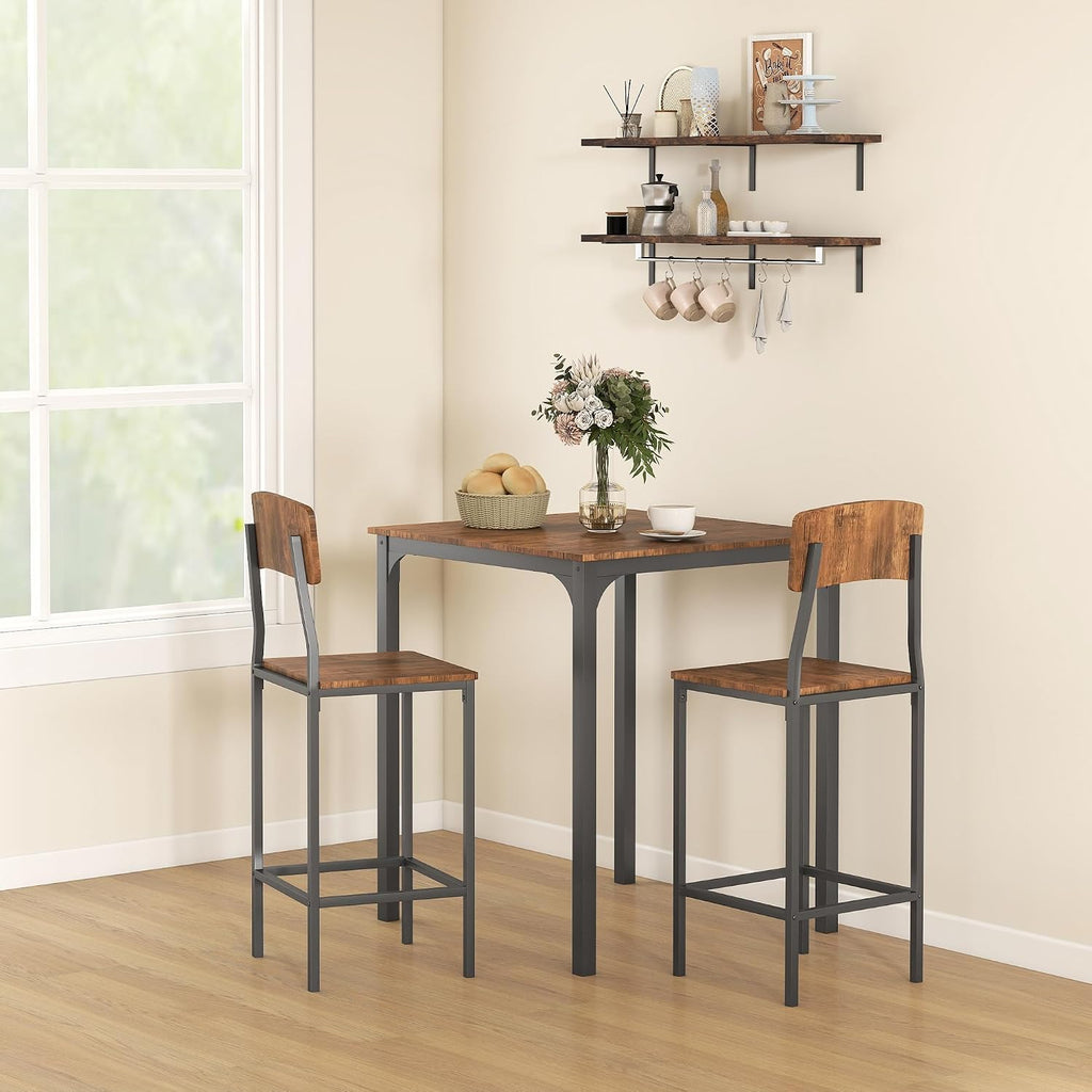 HOMCOM 3 Piece Industrial Counter Height Dining Table Set, Bar Table & Chairs with Steel Legs & Footrests, Black