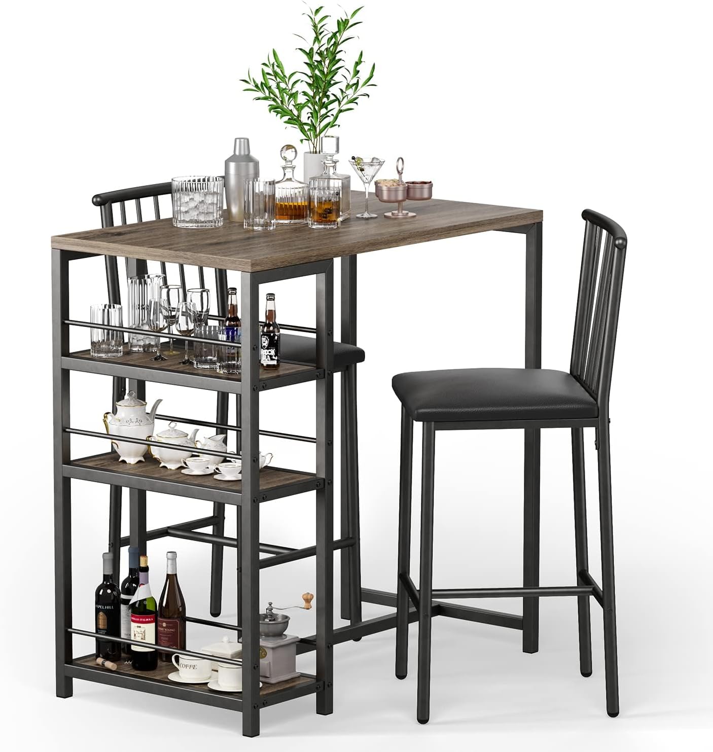 Gizoon Dining Table Set for 2 with 3 Storage Shelves, Kitchen Table and Chairs for 2 with Pu Cushion Chairs & Thick Wood Top, 3 Piece Dining Table Set for Small Space, Apartment - Grey