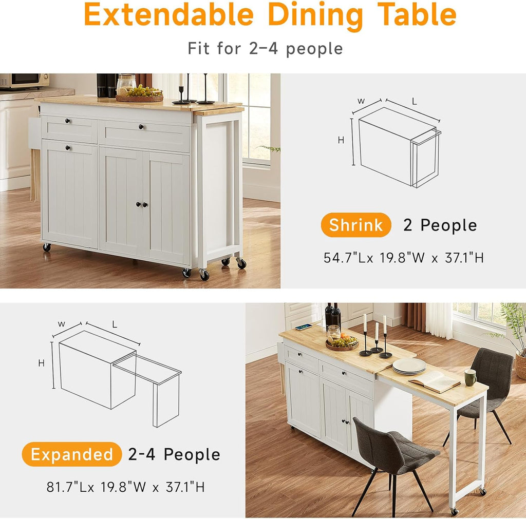 ONBRILL Kitchen Islands with Extendable Dining Table, 81.7' Mobile Kitchen Storage Islands, Rolling Kitchen Cart with Trash Cabinet, Power Outlet, Spice Rack & Towel Rack (White)
