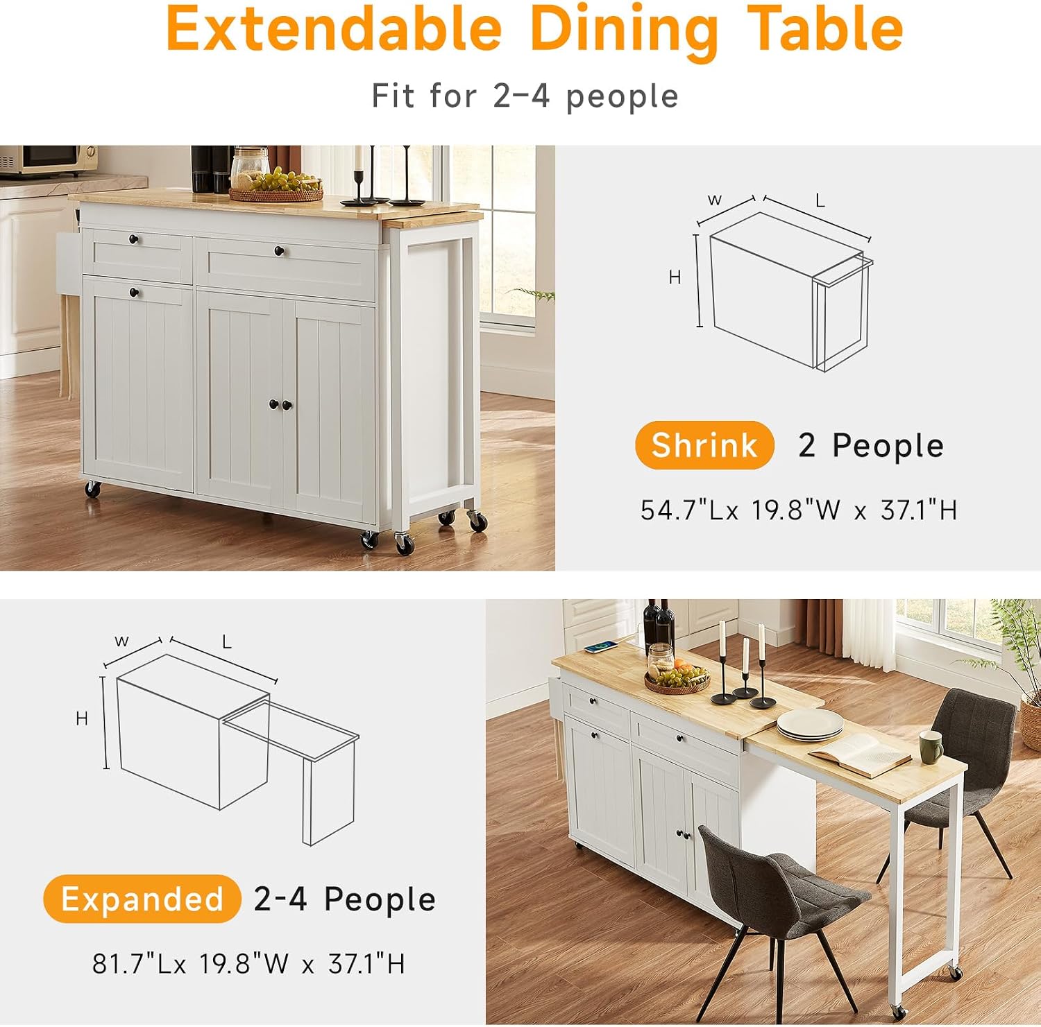 ONBRILL Kitchen Islands with Extendable Dining Table, 81.7' Mobile Kitchen Storage Islands, Rolling Kitchen Cart with Trash Cabinet, Power Outlet, Spice Rack & Towel Rack (White)