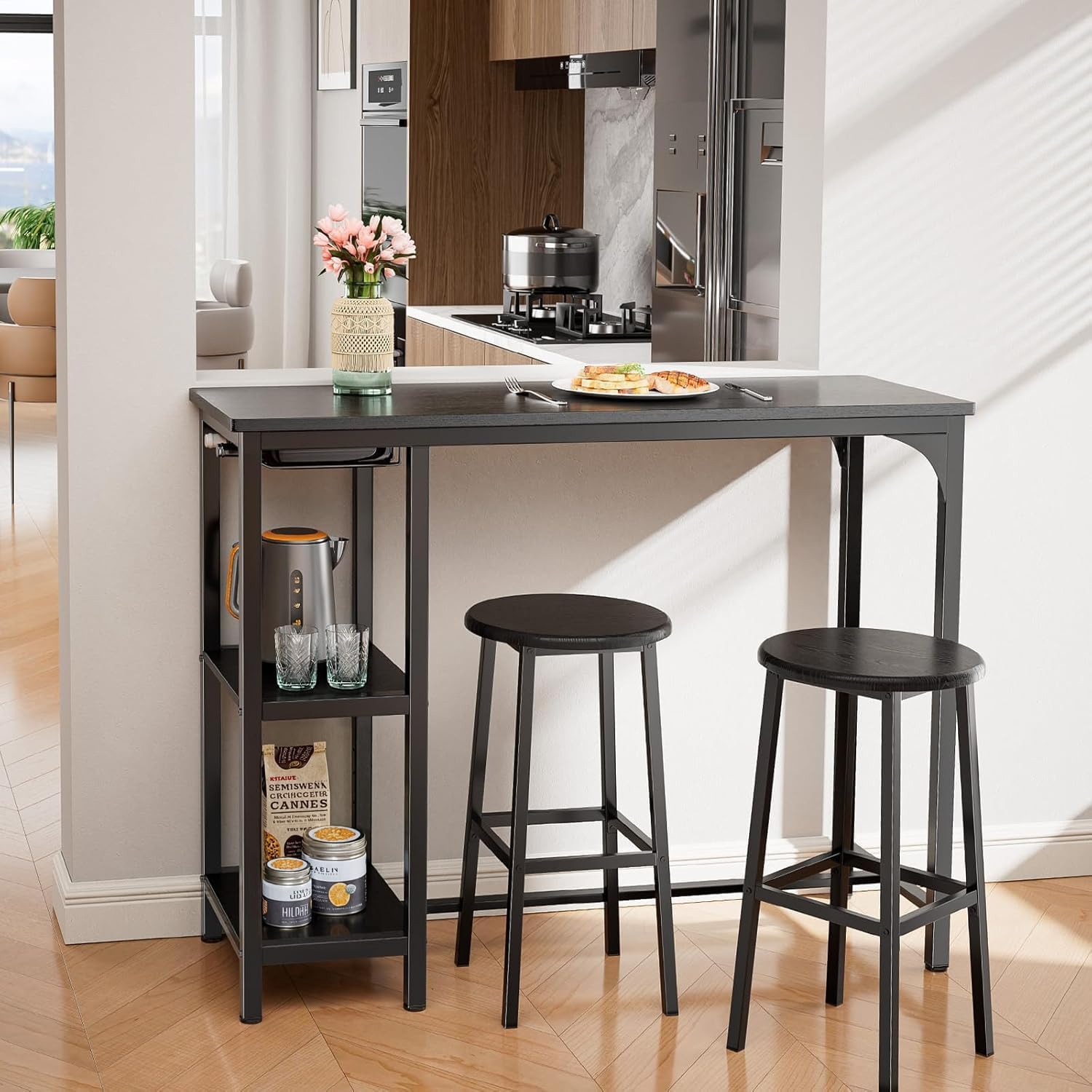 Bealife Bar Table with Bar Stool Set for 2 People, Pub Table Set with 2 Shelves and Glass Holder, Kitchen Bar Table Set for Kitchen, Living Room, Dining Room (Black)