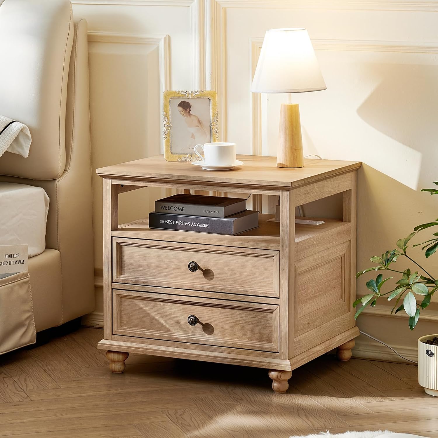 Joaxswe Farmhouse Nightstand Set of 2 with Charging Station, 24' Wide End Table with 2 Drawers,Natural Dresser for Bedroom,Bed Side Table Chest of Drawers Cabinet, Night Stand for Living Room