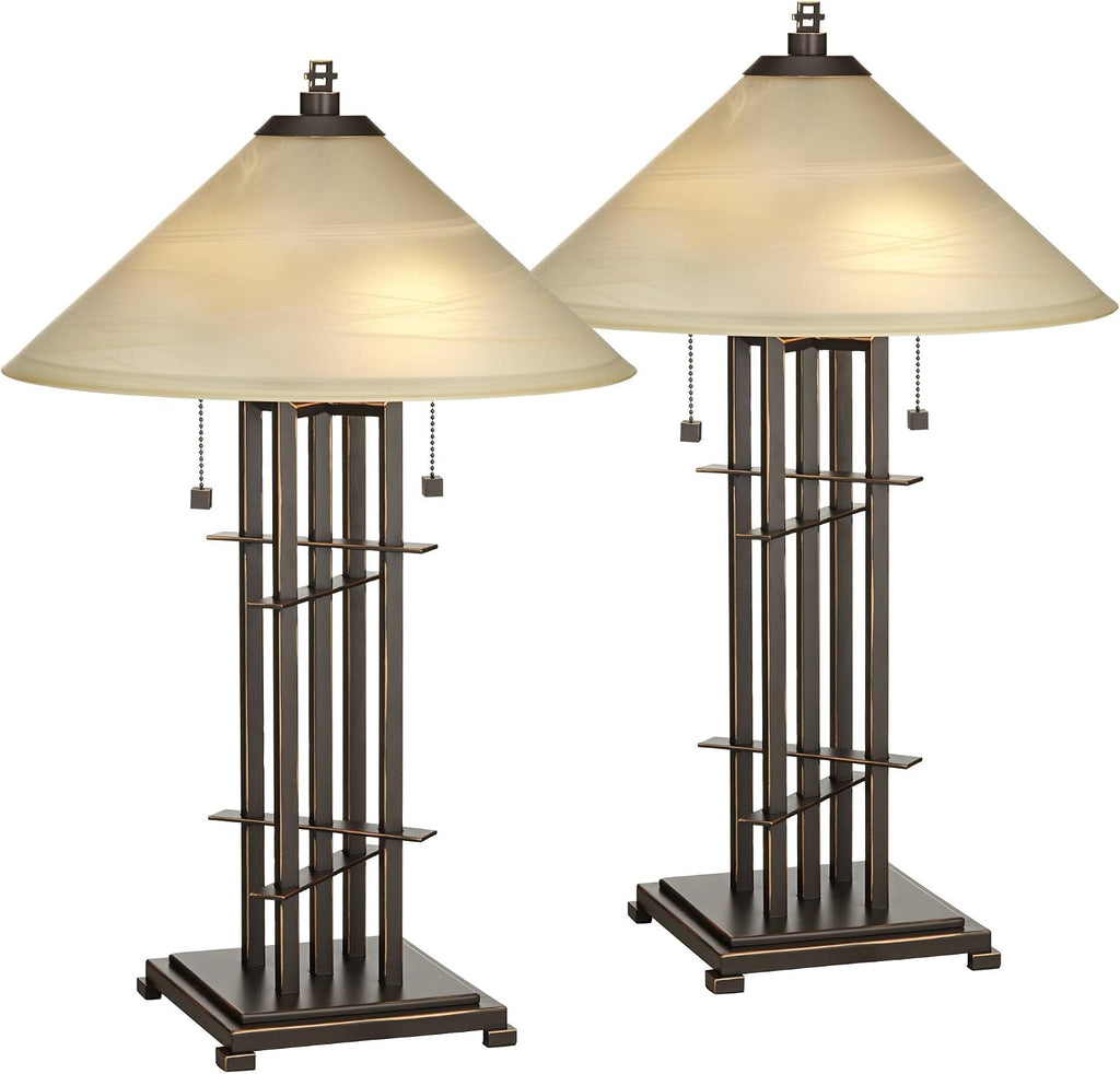 Franklin Iron Works Metro Collection 23 1/2' High Planes 'n' Posts Small Farmhouse Rustic Modern Accent Table Lamps Set of 2 Pull Chain Metal Amber Art Glass Shade Living Room Bedroom Bedside