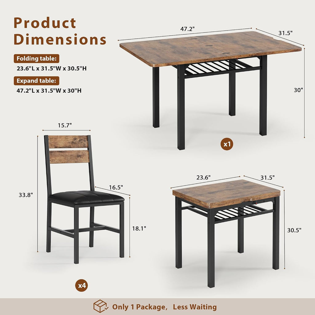 MapleGrace Dining Table Set for 4, Extendable Kitchen Table with 4 PU Leather Upholstered Dining Room Chairs, Wood Kitchen Table Set with Built-in Storage Rack for Dining & Small Spaces, Rustic Brown