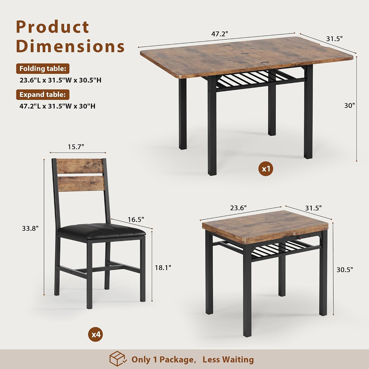 MapleGrace Dining Table Set for 4, Extendable Kitchen Table with 4 PU Leather Upholstered Dining Room Chairs, Wood Kitchen Table Set with Built-in Storage Rack for Dining & Small Spaces, Rustic Brown