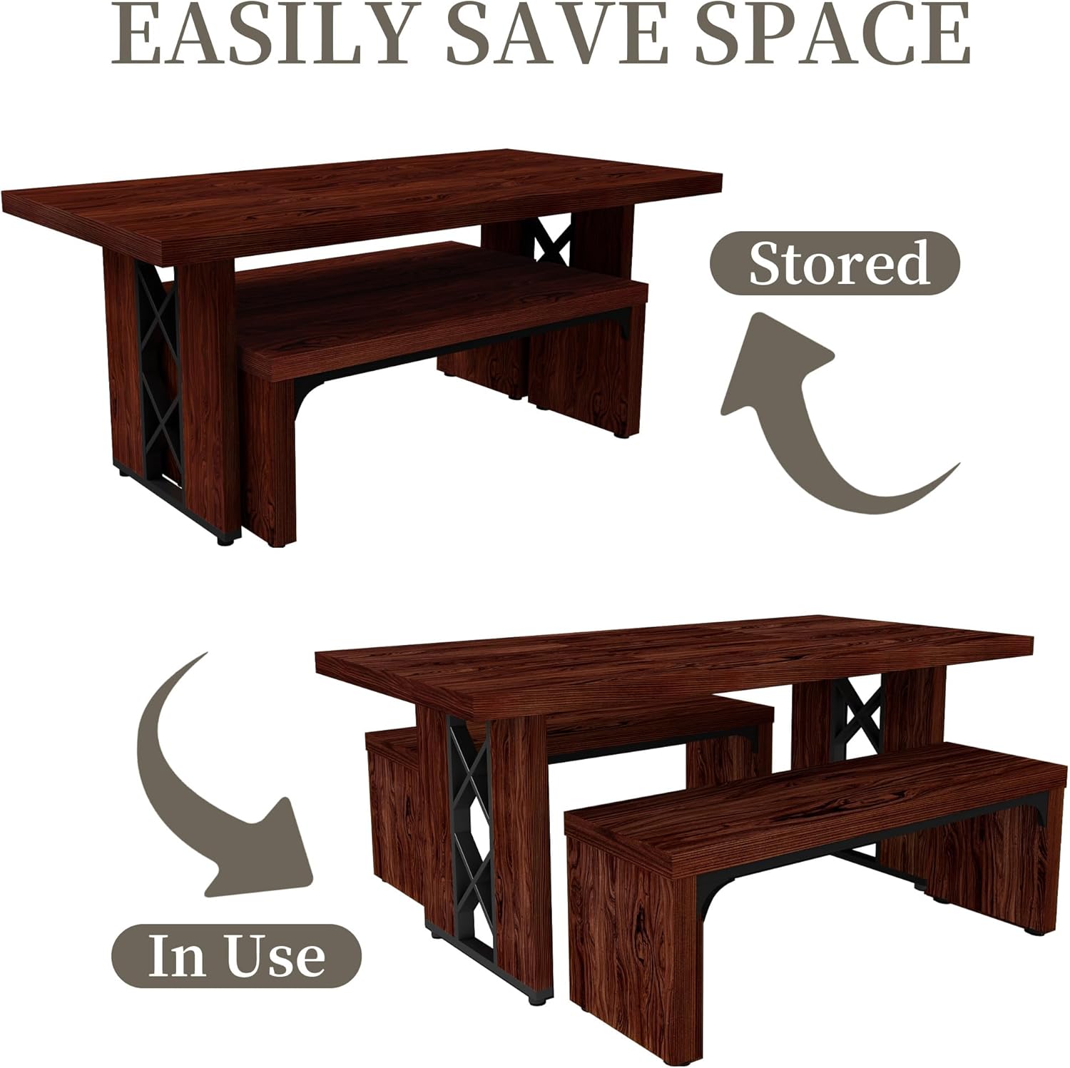HIPIHOM 3-Piece Dining Table Set for 6 People, 70.8'' Rectangle Kitchen Table with 2 Benches for Breakfast Nook, Dining Room Furniture(Walnut Table+2 Benches)