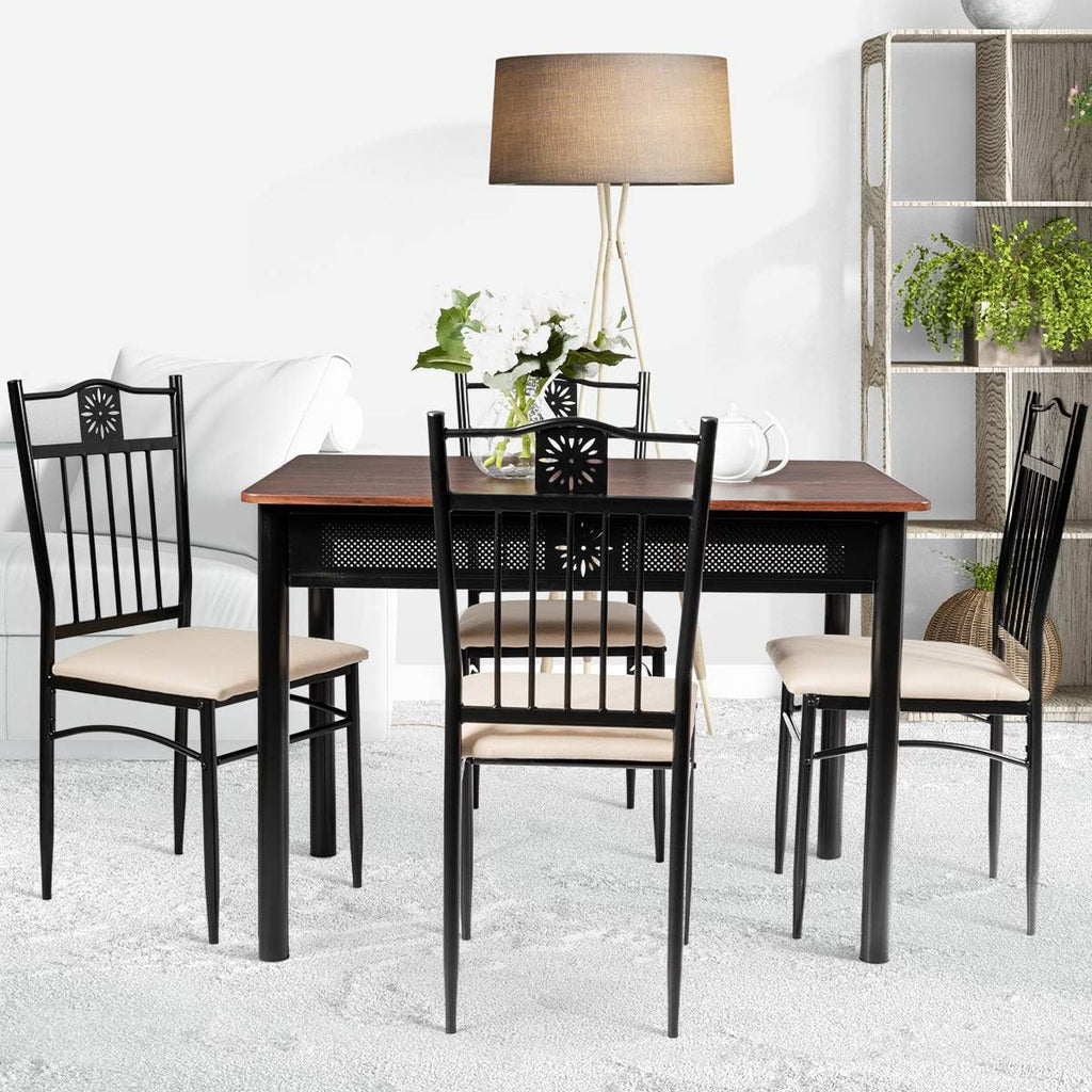 Tangkula 5 Pieces Dining Table and Chairs Set, Vintage Retro Wood Top Metal Frame Padded Seat Dining Table Set Home Kitchen Dining Room Furniture