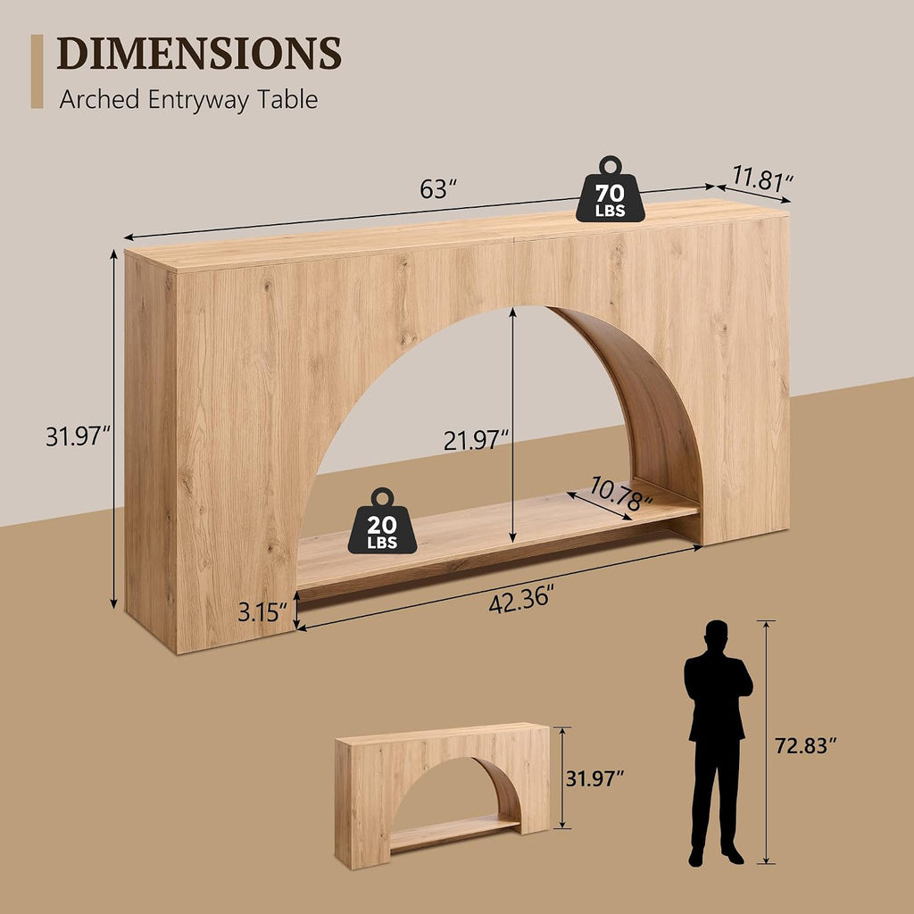 IFGET 63' Arched Console Table, 2-Tier Modern Entryway Table with Arched Base, Narrow Long Wood Sofa Table Behind Couch Table for Living Room, Hallway, Foyer, Natural