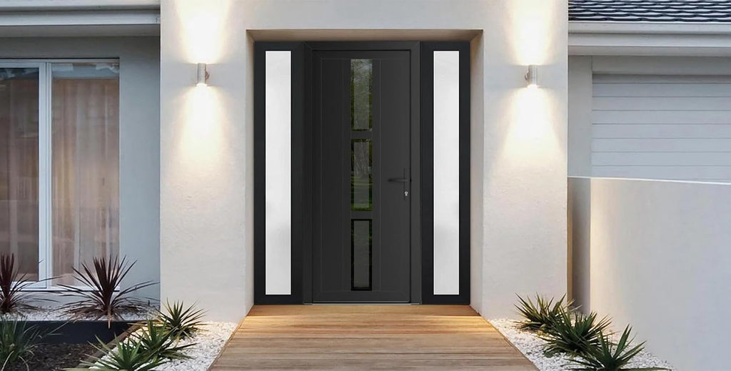 VDOMDOORS Front Exterior Prehung Metal-Plastic Door Mirrored-Clear Glass | Manux 8112 Matte Black | 2 Side Sidelite Transoms | Residential Doors Entrance Patio Garage 60 x 80 (W12+36+12 x H80) LH-I