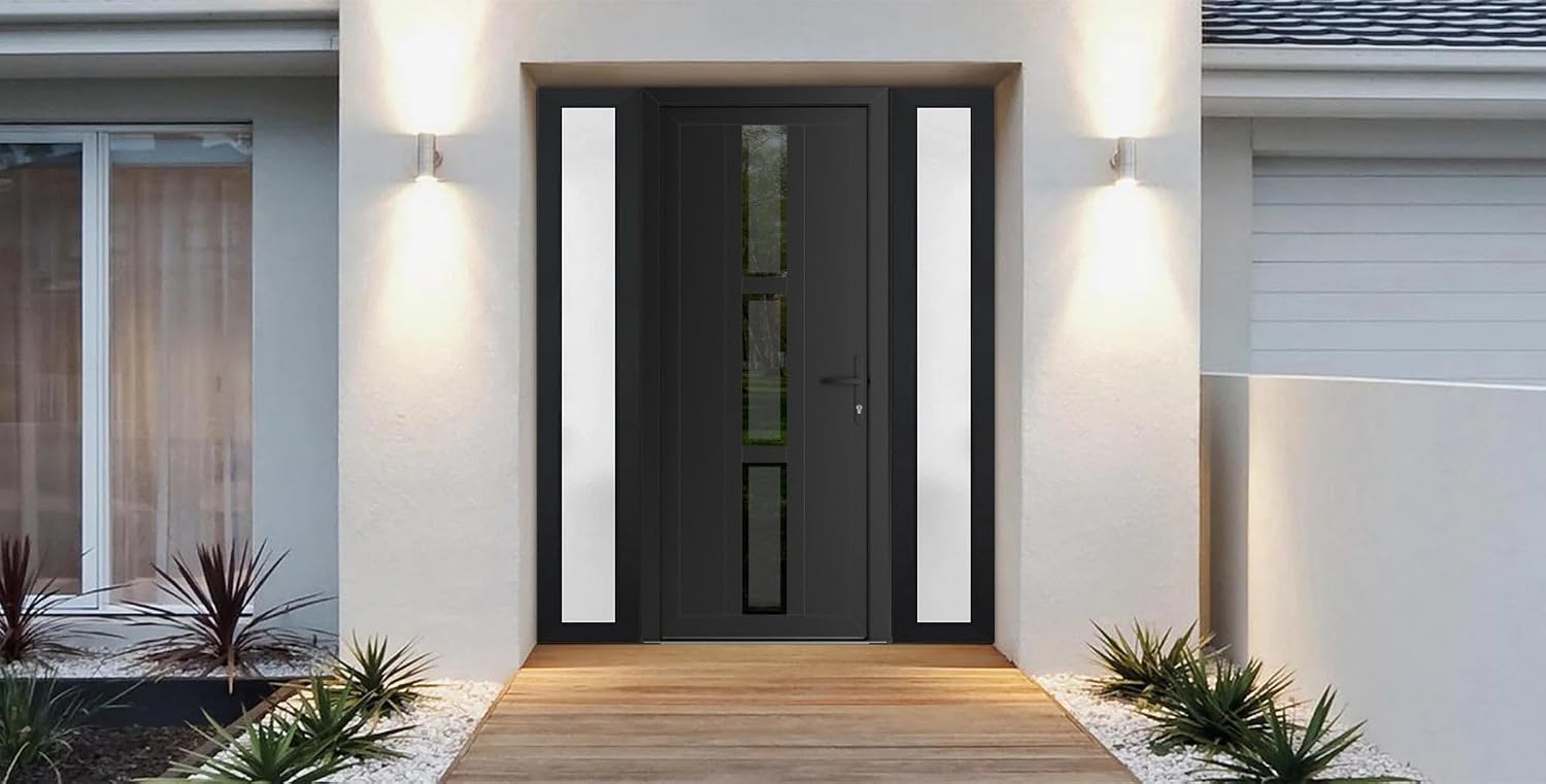 VDOMDOORS Front Exterior Prehung Metal-Plastic Door Mirrored-Clear Glass | Manux 8112 Matte Black | 2 Side Sidelite Transoms | Residential Doors Entrance Patio Garage 60 x 80 (W12+36+12 x H80) LH-I