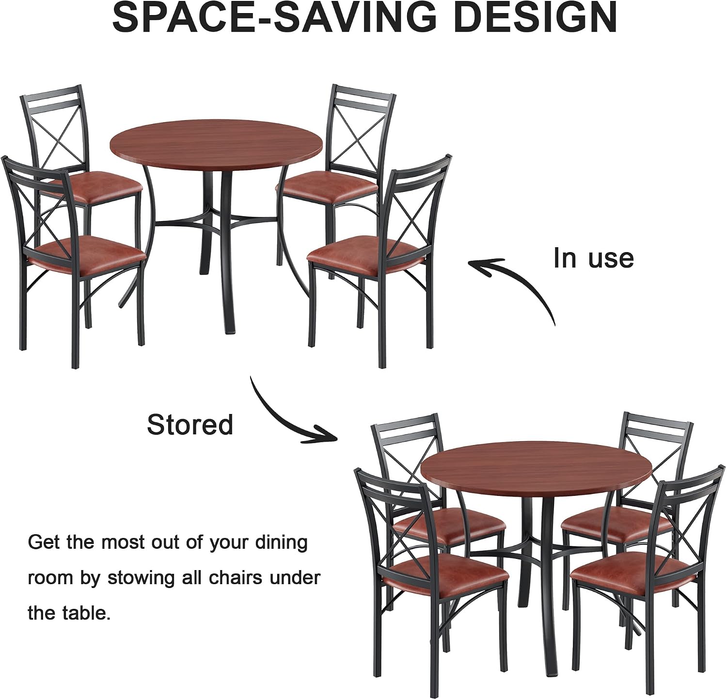 VECELO 5 Piece Dining Table Set for 4 with Chairs, Wood Grain Tabletop, Small Space, Kitchen, Breakfast Nook, Brown