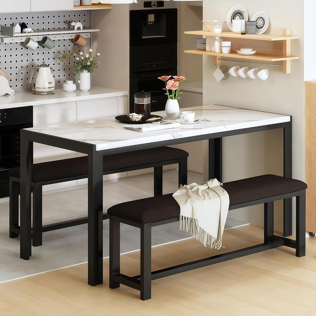 DKLGG Dining Table Set for 4, Kitchen Table with 2 PU Leather Upholstered Bench, Faux Marble Dining Room Table with Bench for Small Space