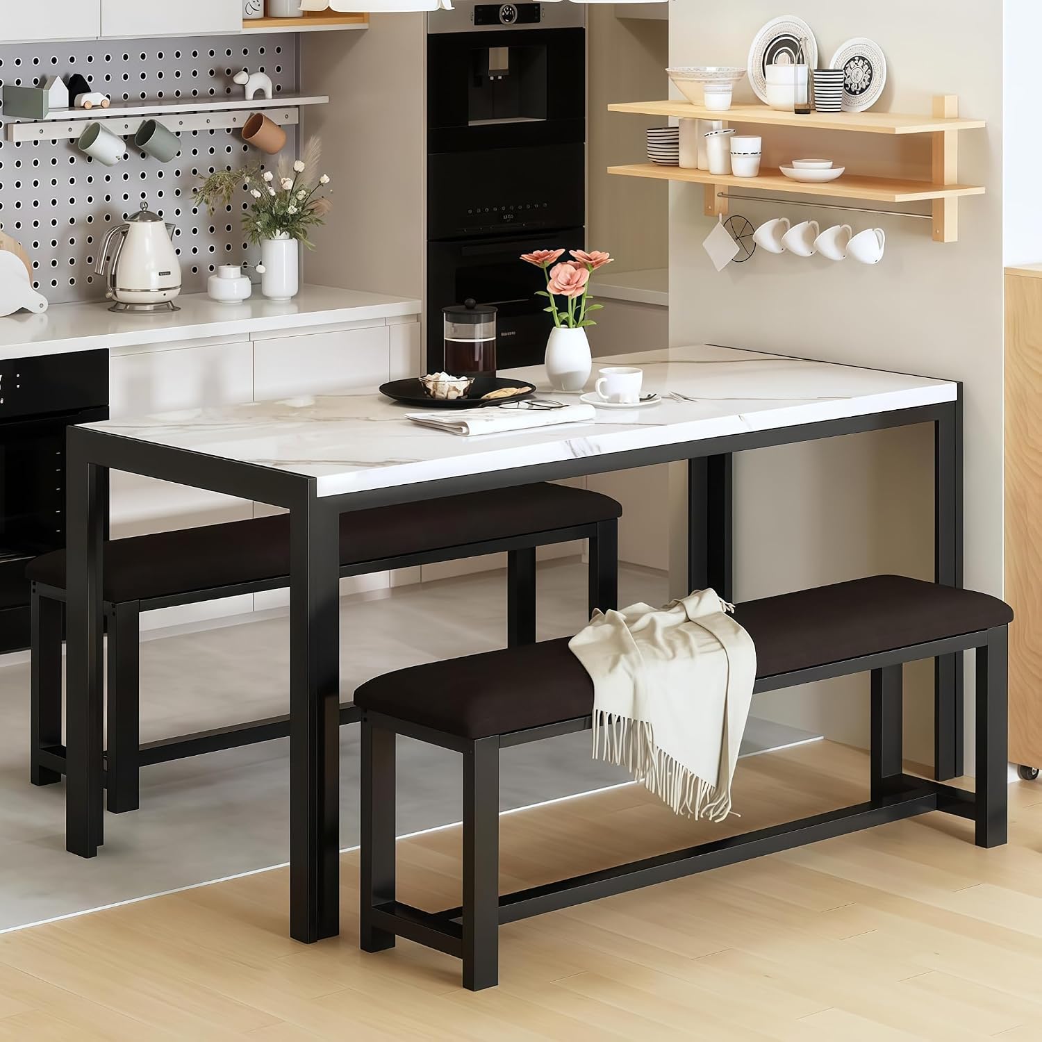 DKLGG Dining Table Set for 4, Kitchen Table with 2 PU Leather Upholstered Bench, Faux Marble Dining Room Table with Bench for Small Space