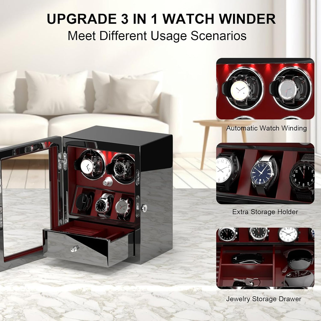 DUKWIN Watch Winder for 4/6/8 Automatic Watches, Lockable Winders with Watch Holders and Jewelry Storage, Super Quiet Motor with High-Gloss Finish, Built-in Illumination
